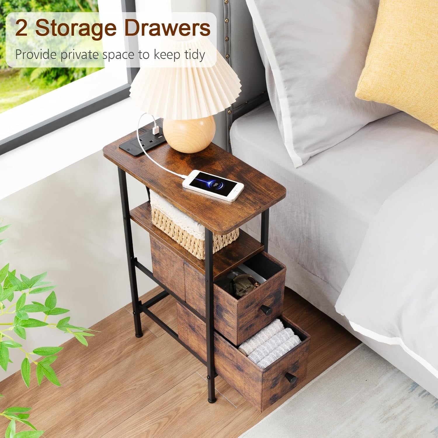 Rustic Slim Bedside Table with Charging Station, 2 Drawers & Open Shelf Storage