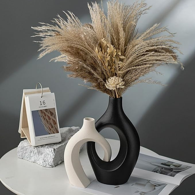 XL Hollow Ceramic Vase Set of 2 Modern Minimalist Donut Decor for Pampas