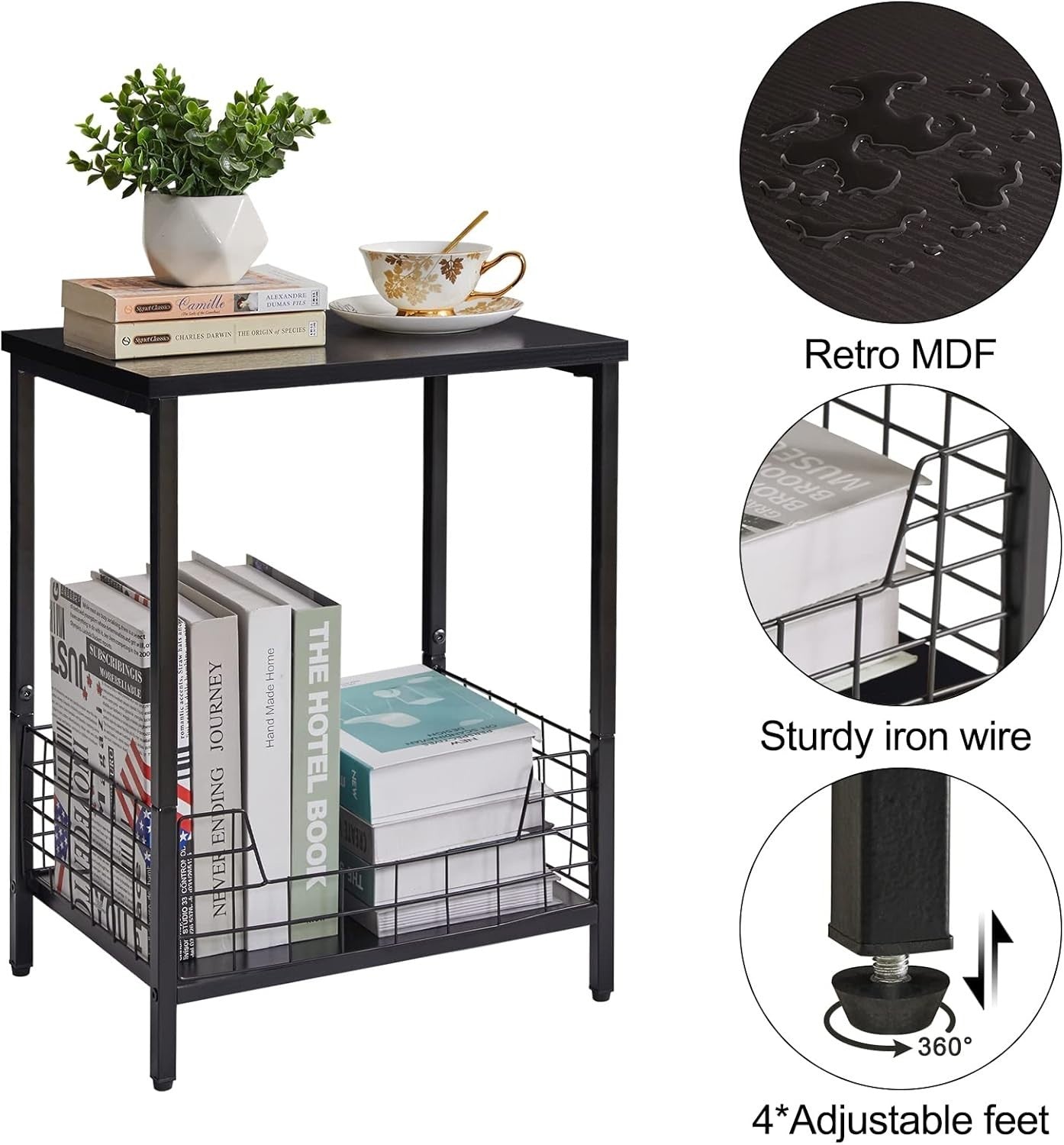 Black Marble Top Side Table with Storage Rack – Small Nightstand & Coffee Table