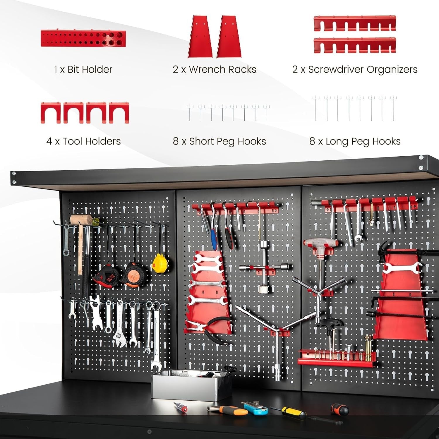 Heavy Duty Garage Workbench with Pegboard 2 Drawers Shelves 121x61 Tool Station