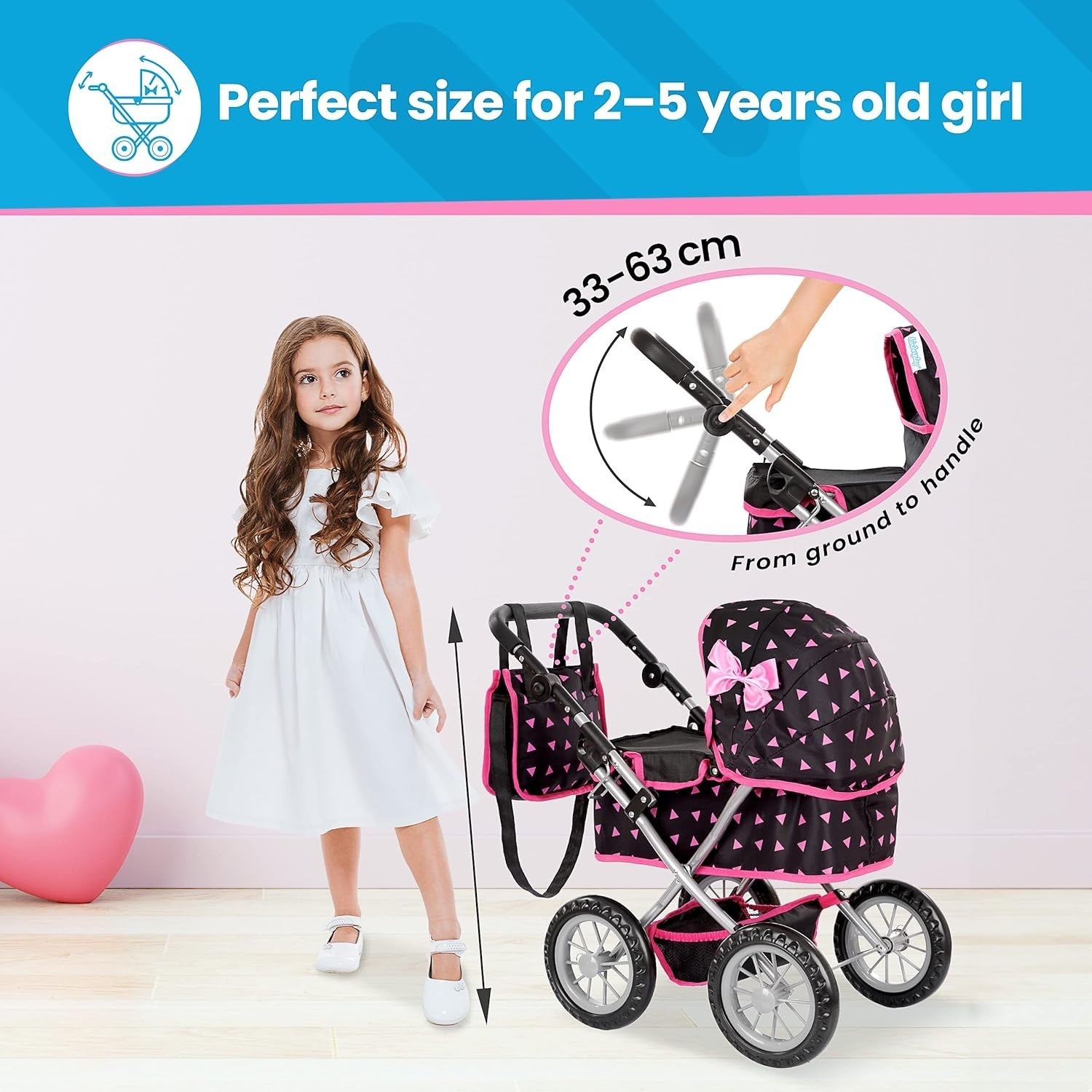 Dolls Pram Toy Pushchair Buggy Adjustable Handle 33-63cm for Kids