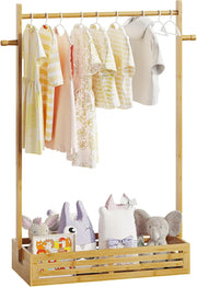 Kids Bamboo Clothes Rack with Adjustable Hanging Rod and Storage Box, Natural