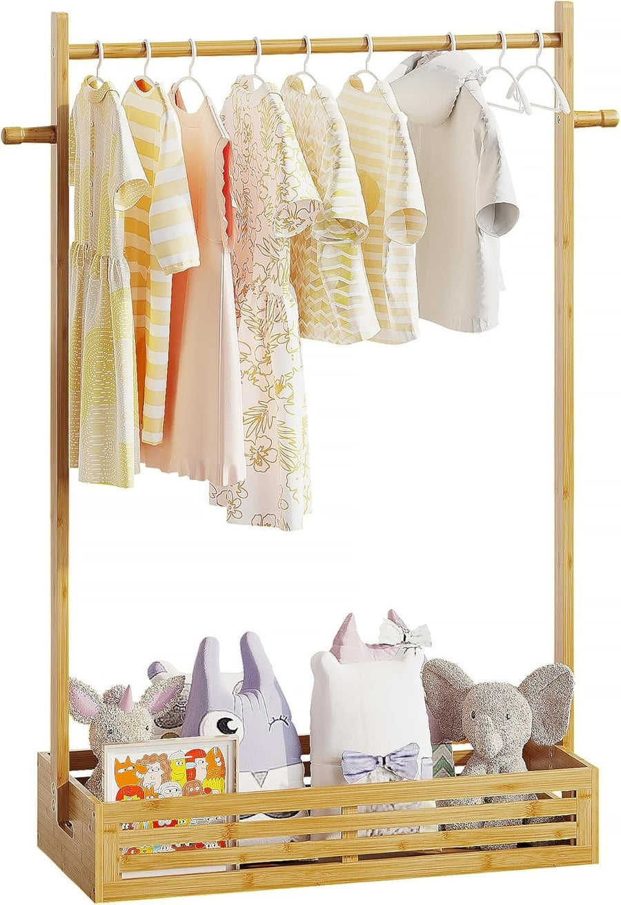 Kids Bamboo Clothes Rack with Adjustable Hanging Rod and Storage Box, Natural