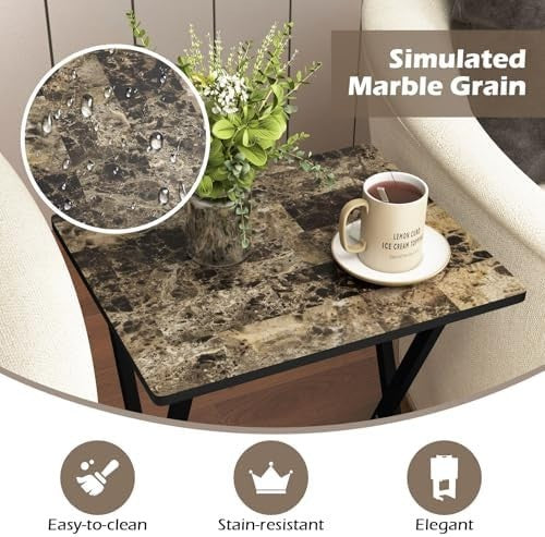 Set of 4 Folding Tray Tables with Rack Portable Faux Marble TV Snack Tables
