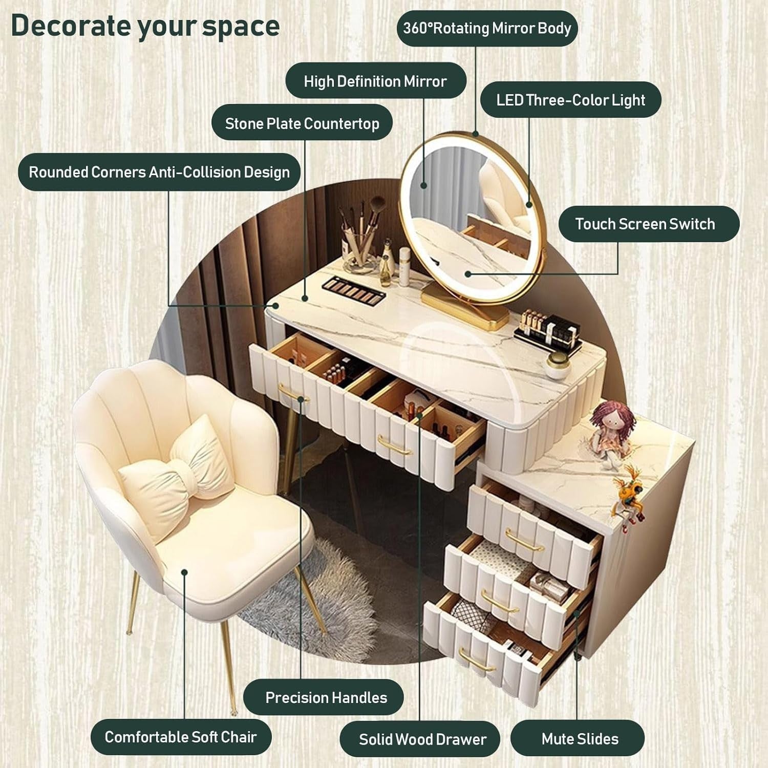 Modern Dresser & Nightstand Set, 5 Drawer Storage, Makeup Mirror LED Light, Bedr