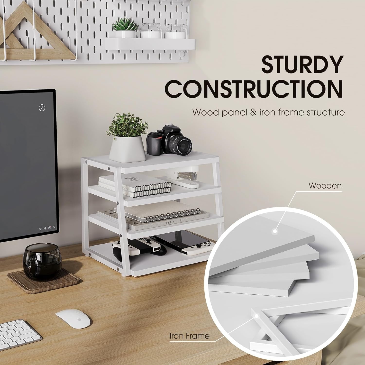 4 Tier Desk File Organizer A4 Paper Tray Wood Metal Office Shelf White