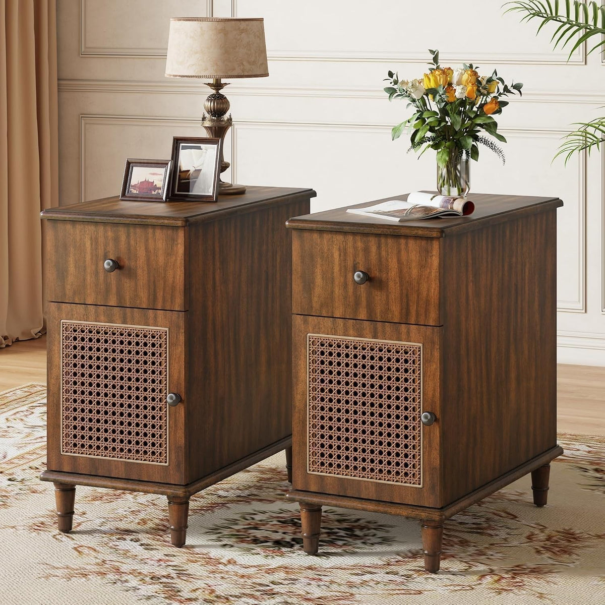 Pair of Solid Wood Walnut End Tables with Drawers – Vintage Slim Bedside