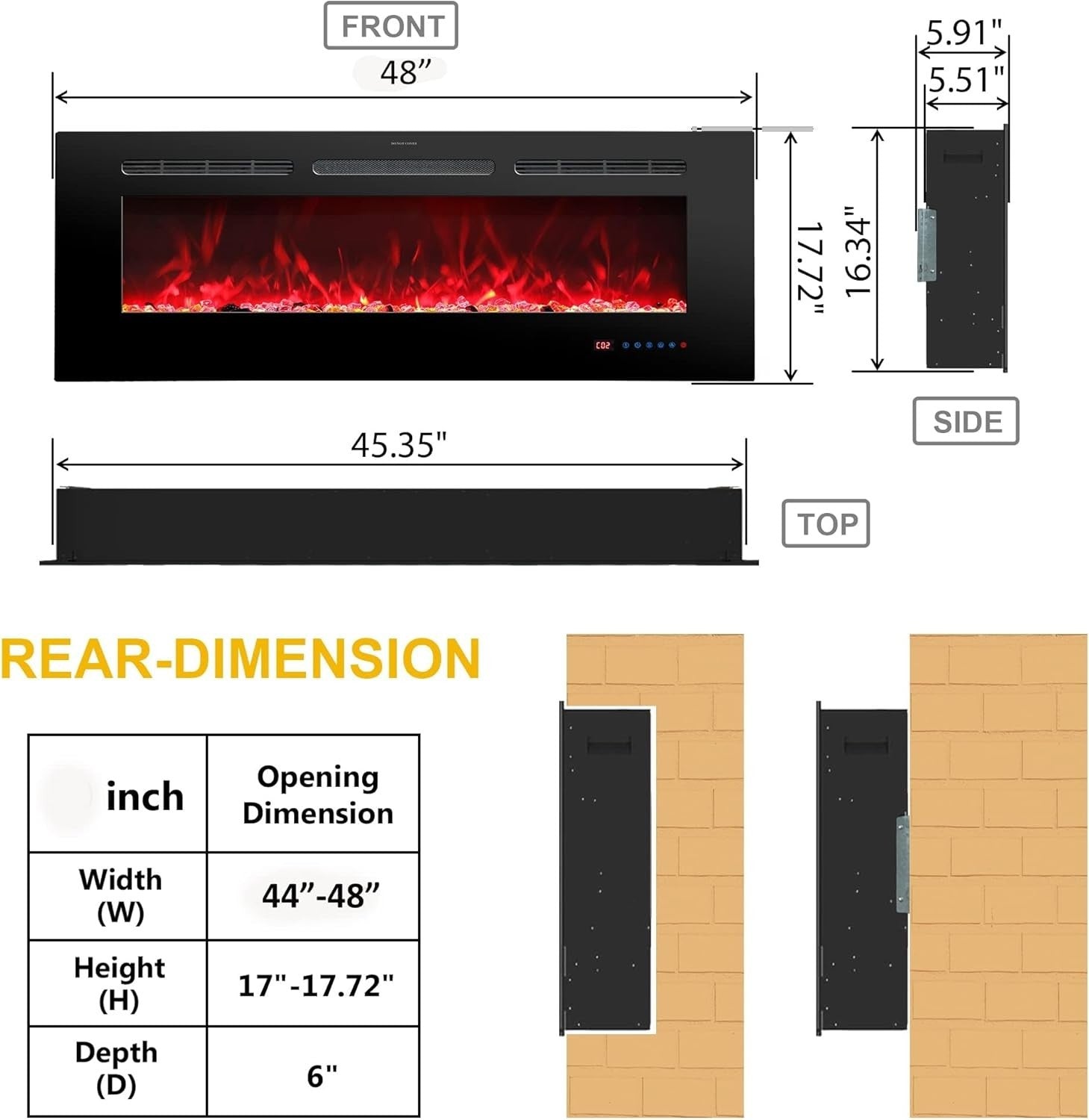 Electric Wall Fireplace 48" Recessed Heater LED Flame Remote Timer