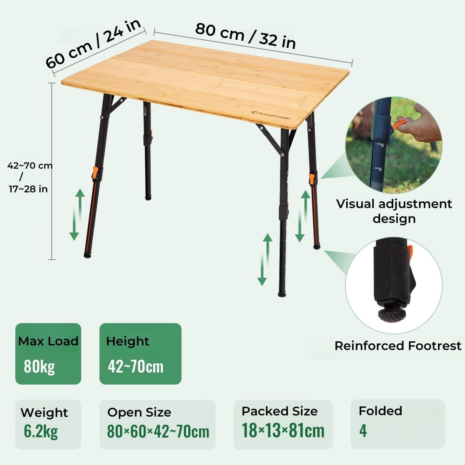 Adjustable Folding Camping Table Bamboo Top Portable Picnic Table 80kg Load