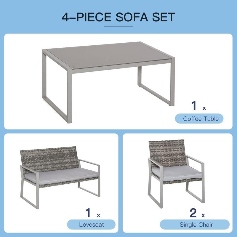 4 Seater Rattan Garden Furniture Set Sofa Chairs Coffee Table Grey Patio