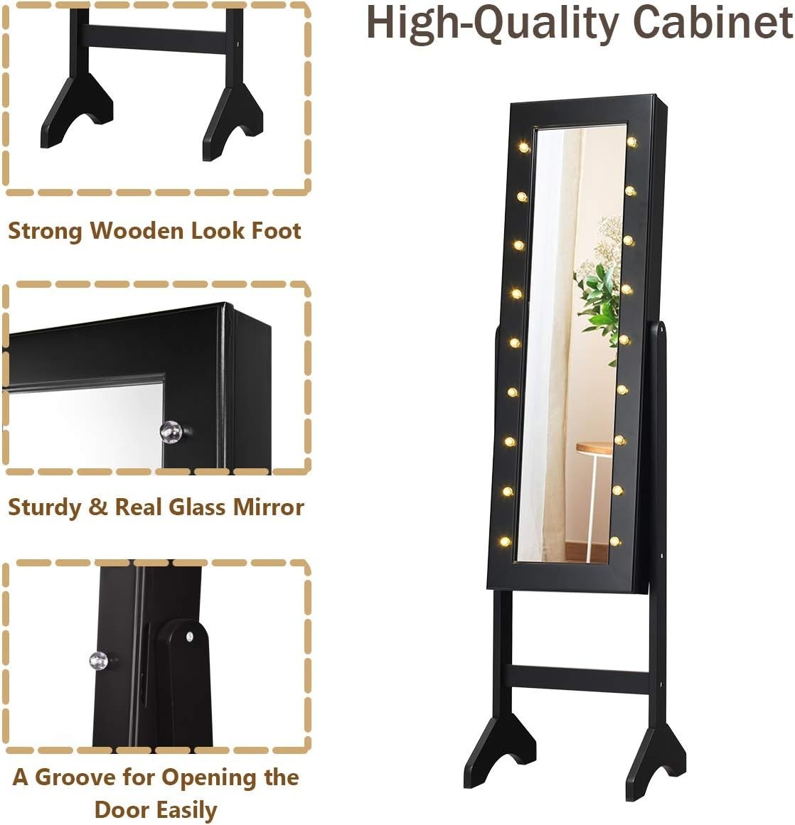 Black LED Full Length Mirror Jewelry Cabinet Lockable Freestanding Organizer