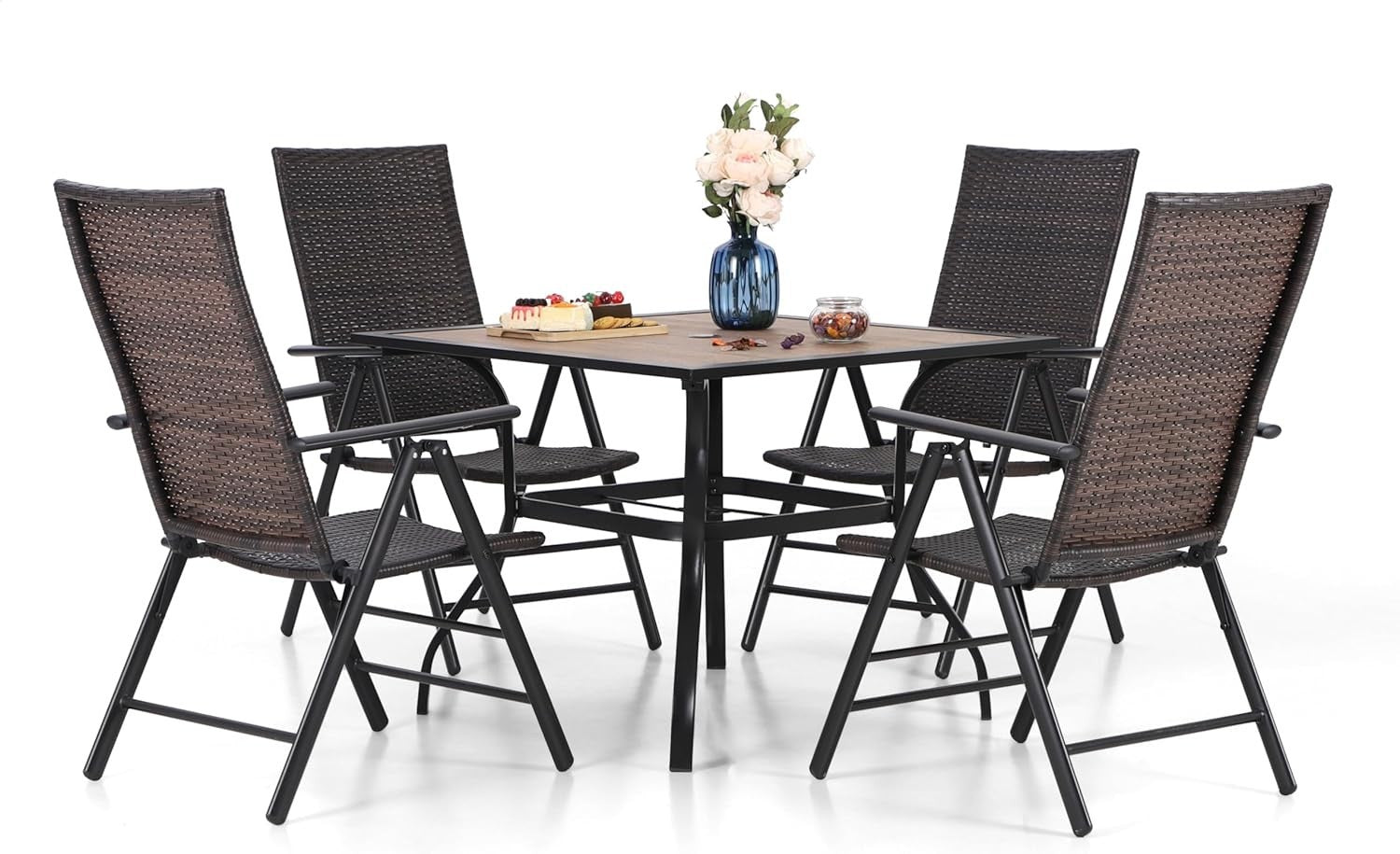 5pc Rattan Patio Dining Set Folding Chairs Wood-Look Table Balcony Garden