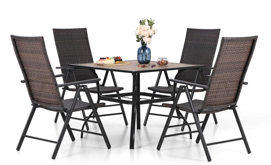 5pc Rattan Patio Dining Set Folding Chairs Wood-Look Table Balcony Garden