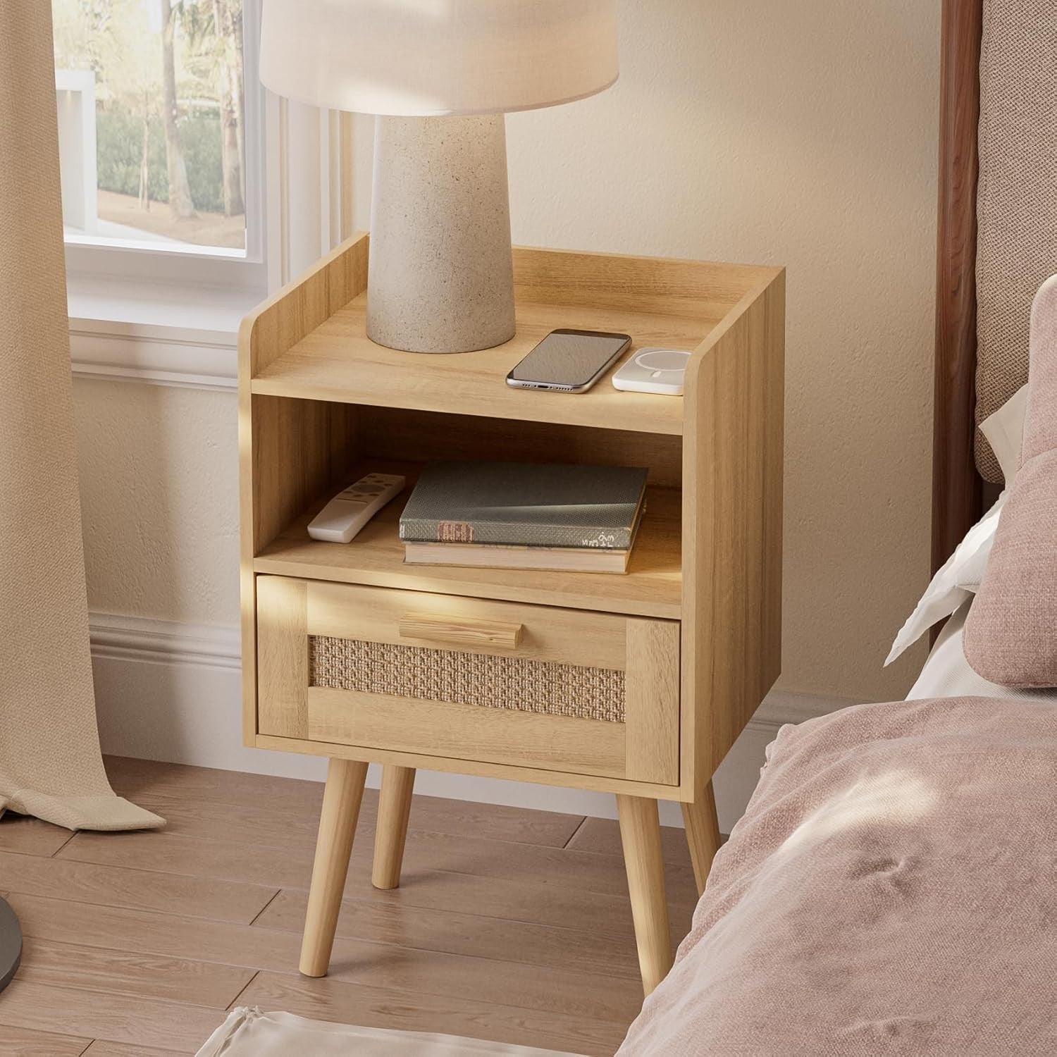 Rattan Bedside Table with Drawer & Shelf – Natural Wood Accent Nightstand