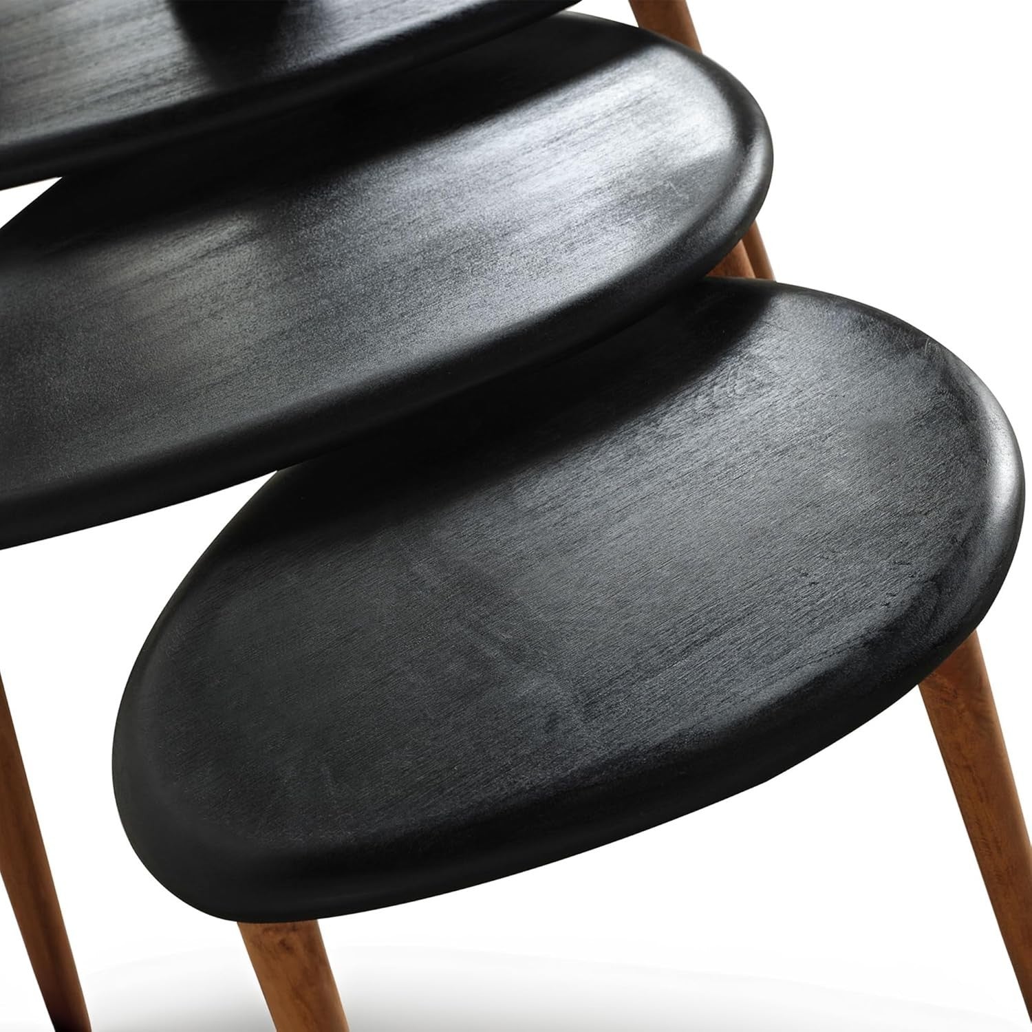 Black Wood Oval Nesting Coffee Side End Table Set of 3 Mid-Century Modern