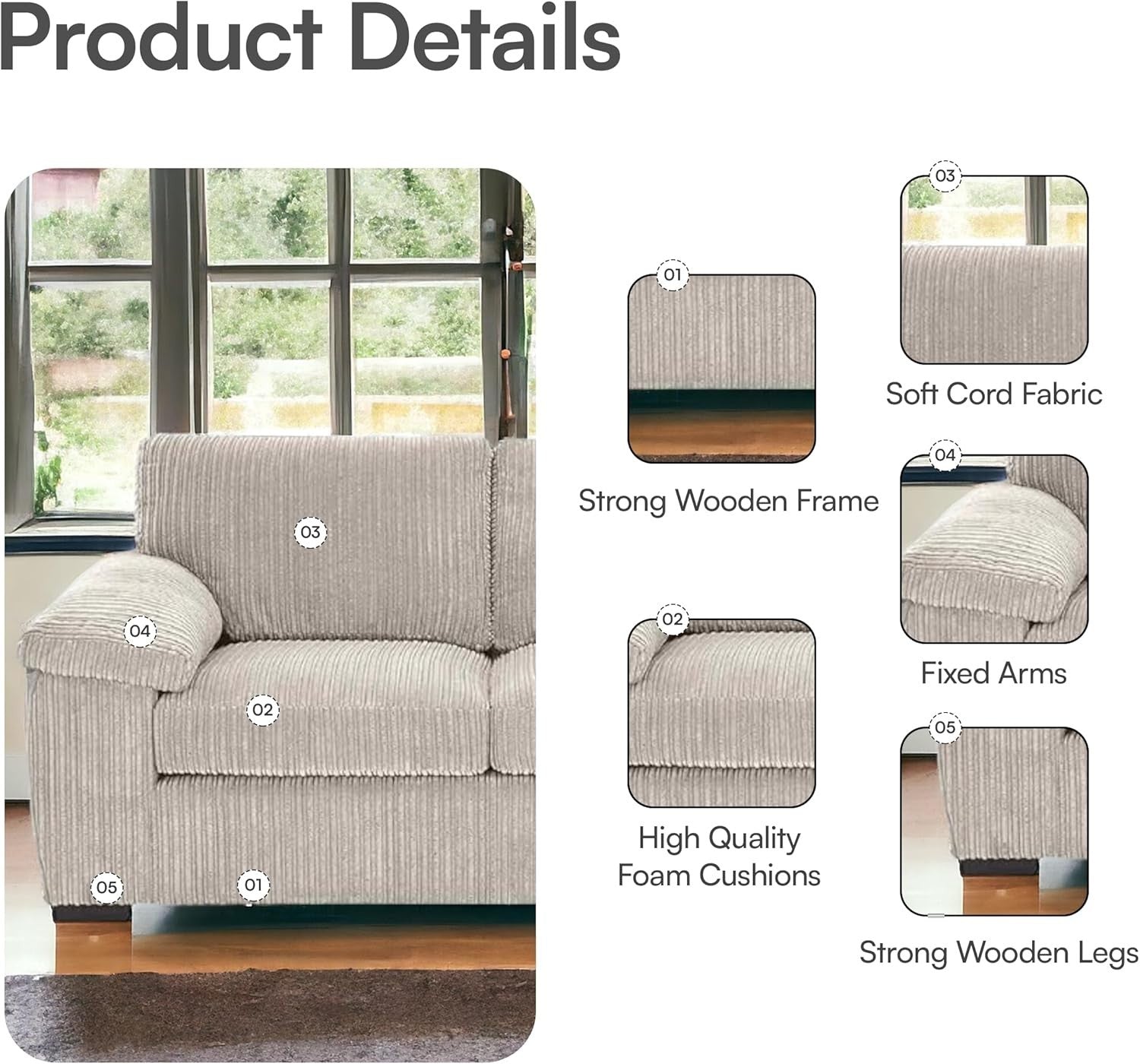 Cream Jumbo Cord L-Shape 4-Seater Corner Sofa – Space Saving & Luxurious Comfort