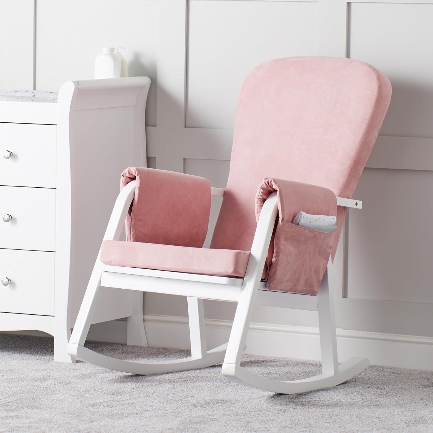Cozy Pink Rocking Chair with Padded Support & Storage Pockets