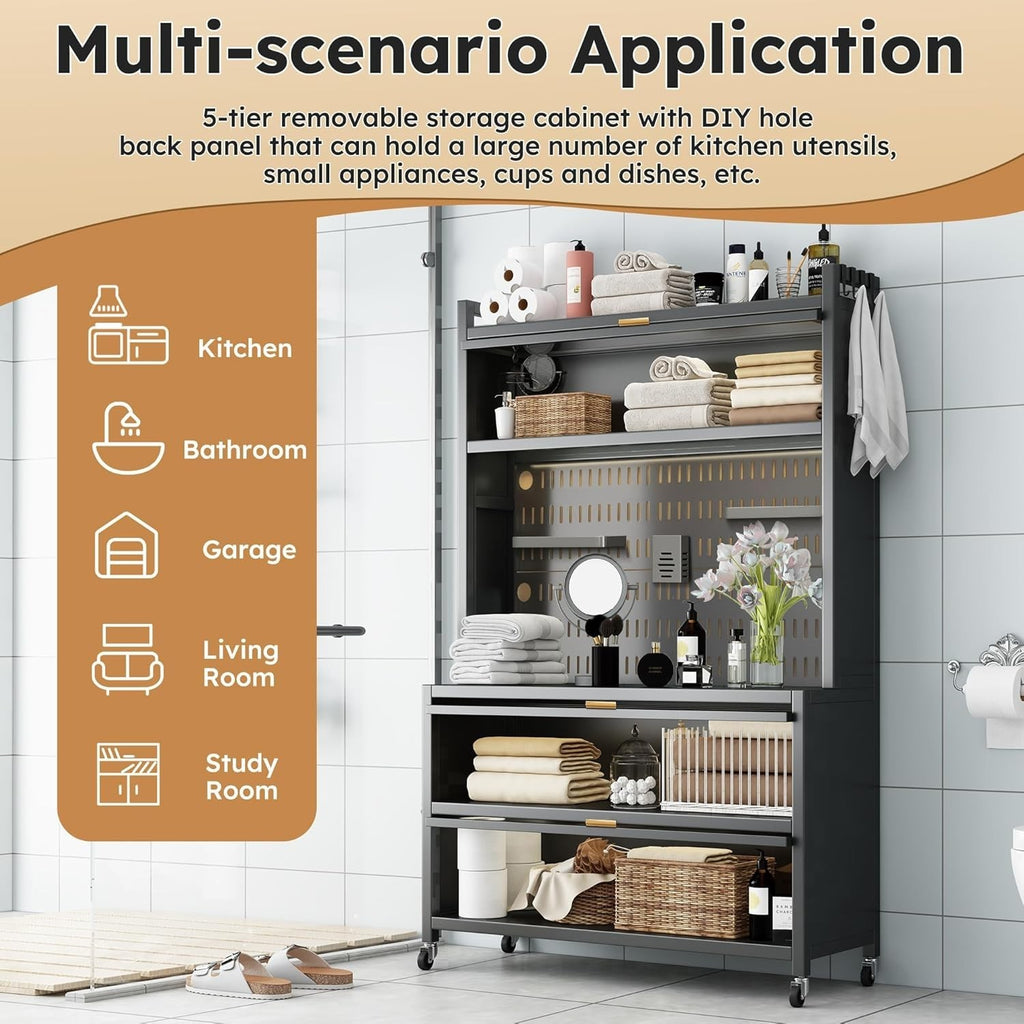 100x42x155cm 5-Tier Black Kitchen Storage Cabinet with Flip Door & Wheels