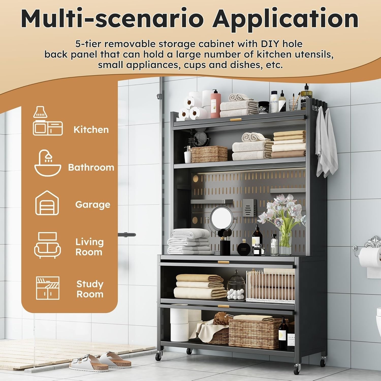 100x42x155cm 5-Tier Black Kitchen Storage Cabinet with Flip Door & Wheels