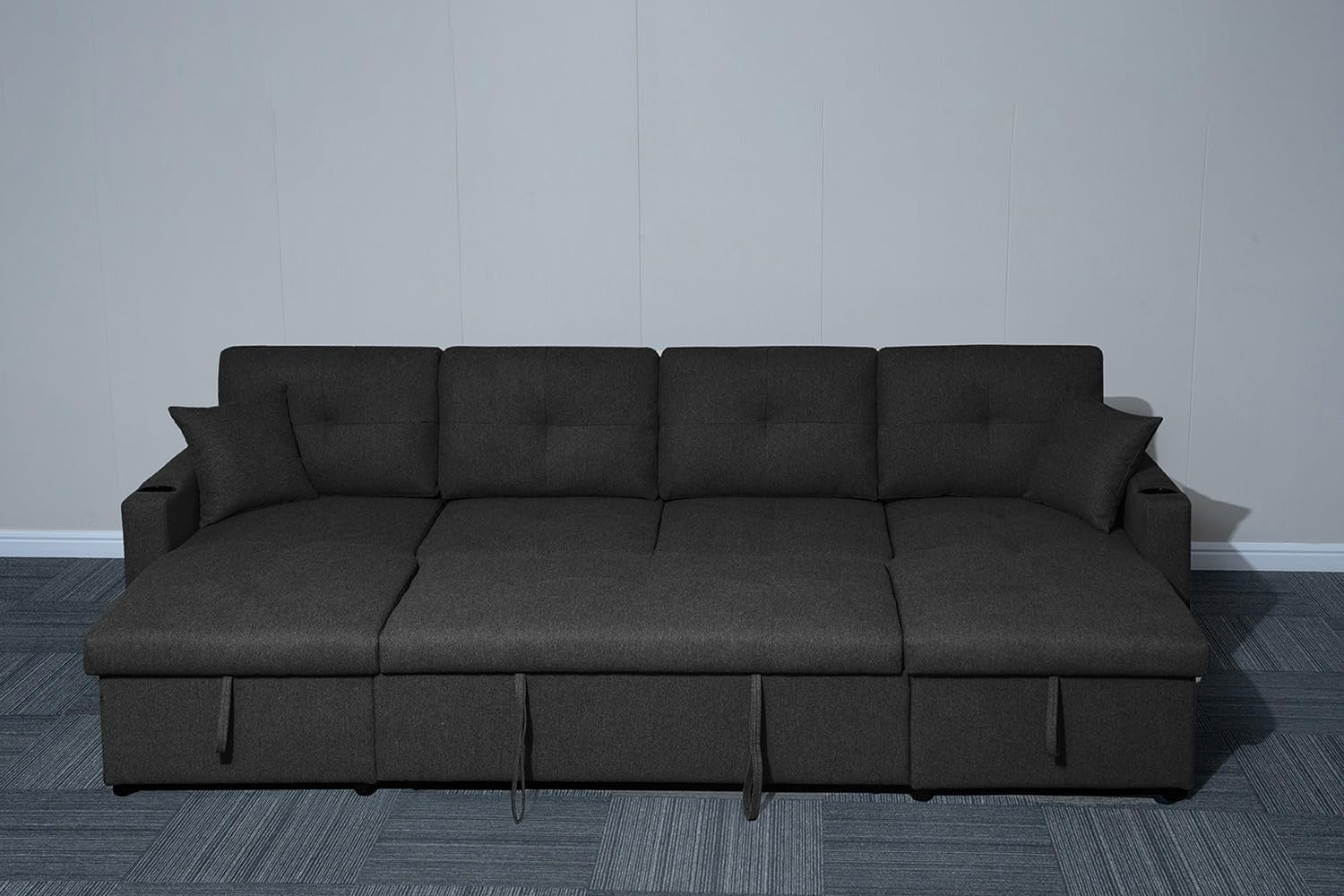 Black Fabric U-Shaped 4 Seater Sofa Bed with Storage & Pull-Out Bed