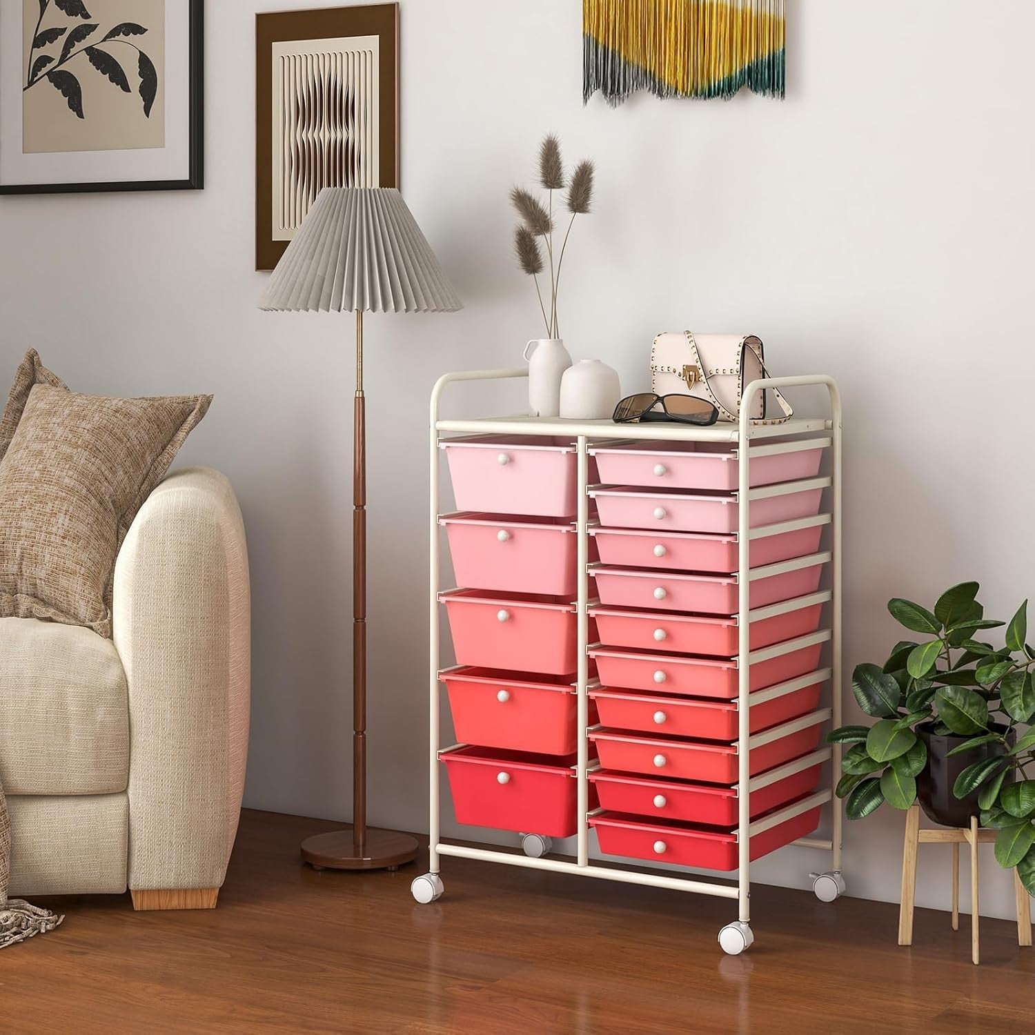 Gradient Pink 15 Drawer Rolling Storage Cart Beauty Craft Organizer
