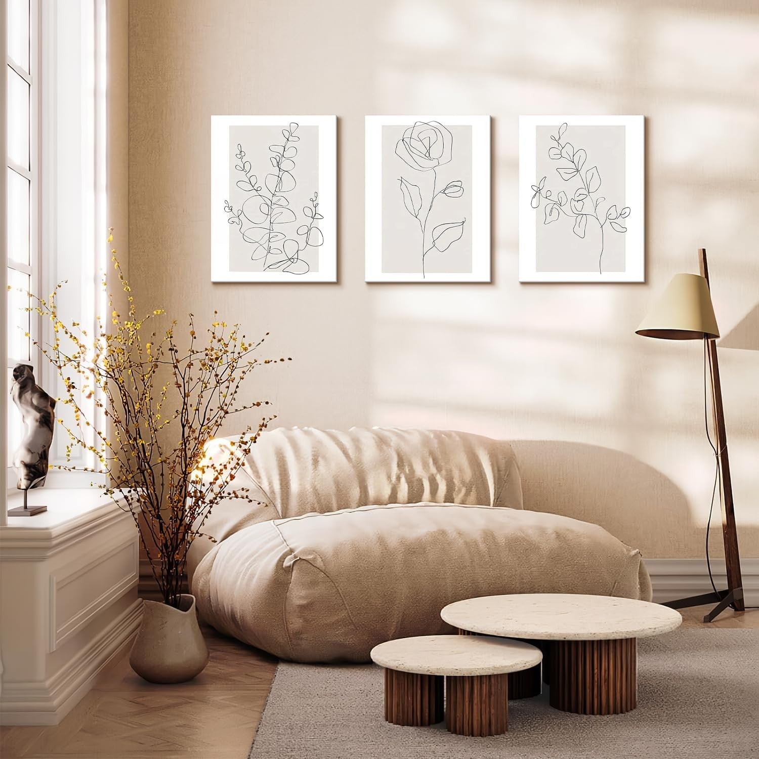 3Pcs Framed Minimalist Flower Line Wall Art 12x16in