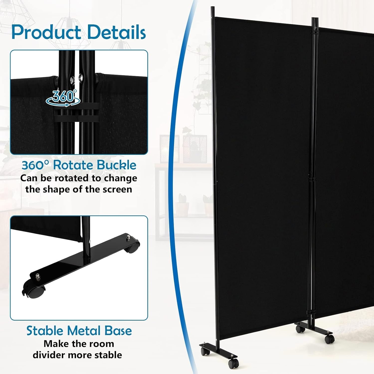 6 Panel Black Folding Room Divider Privacy Screen on Wheels for Home Office