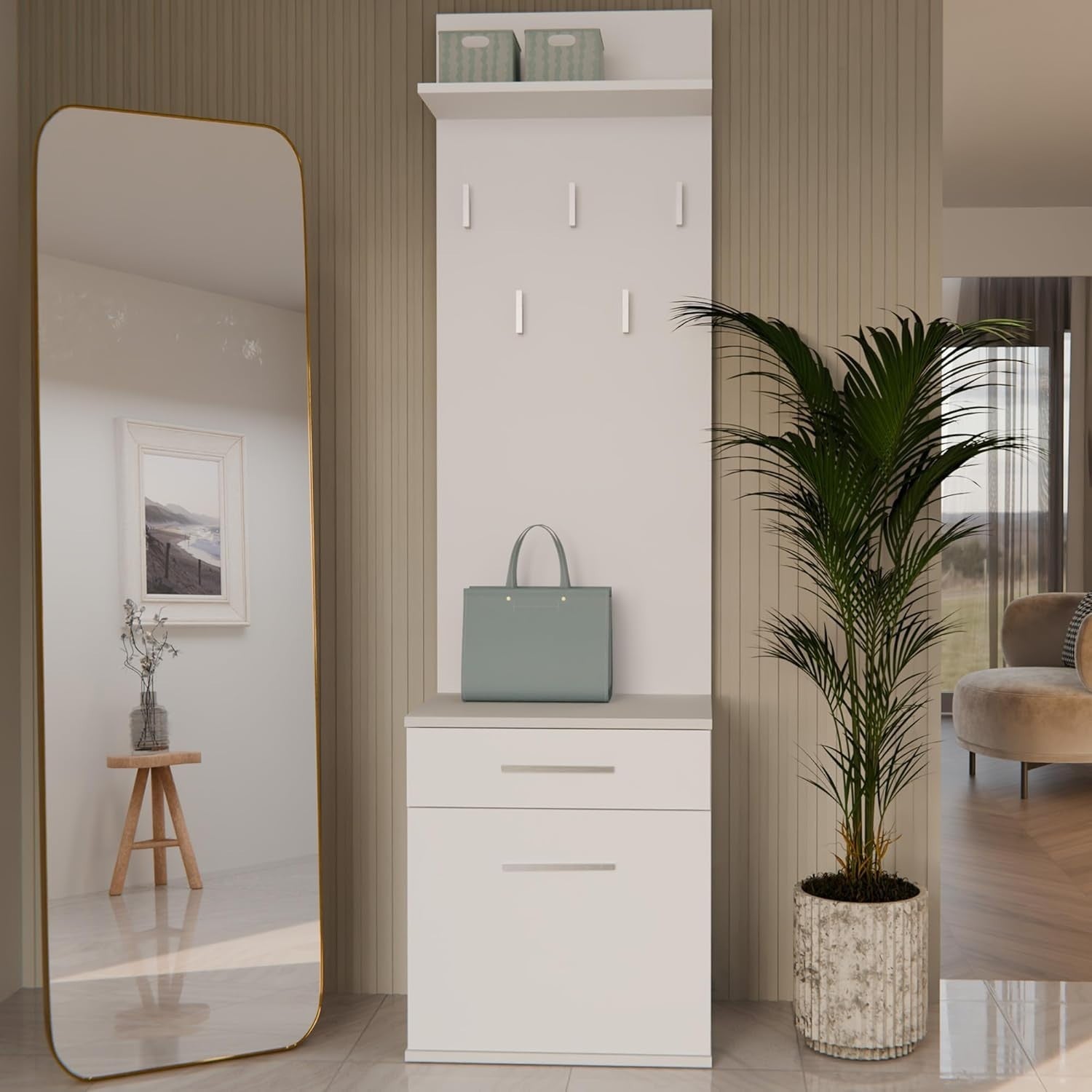 Slim White Entryway Wardrobe with Hanging Rail & Shelves | 180cm Tall
