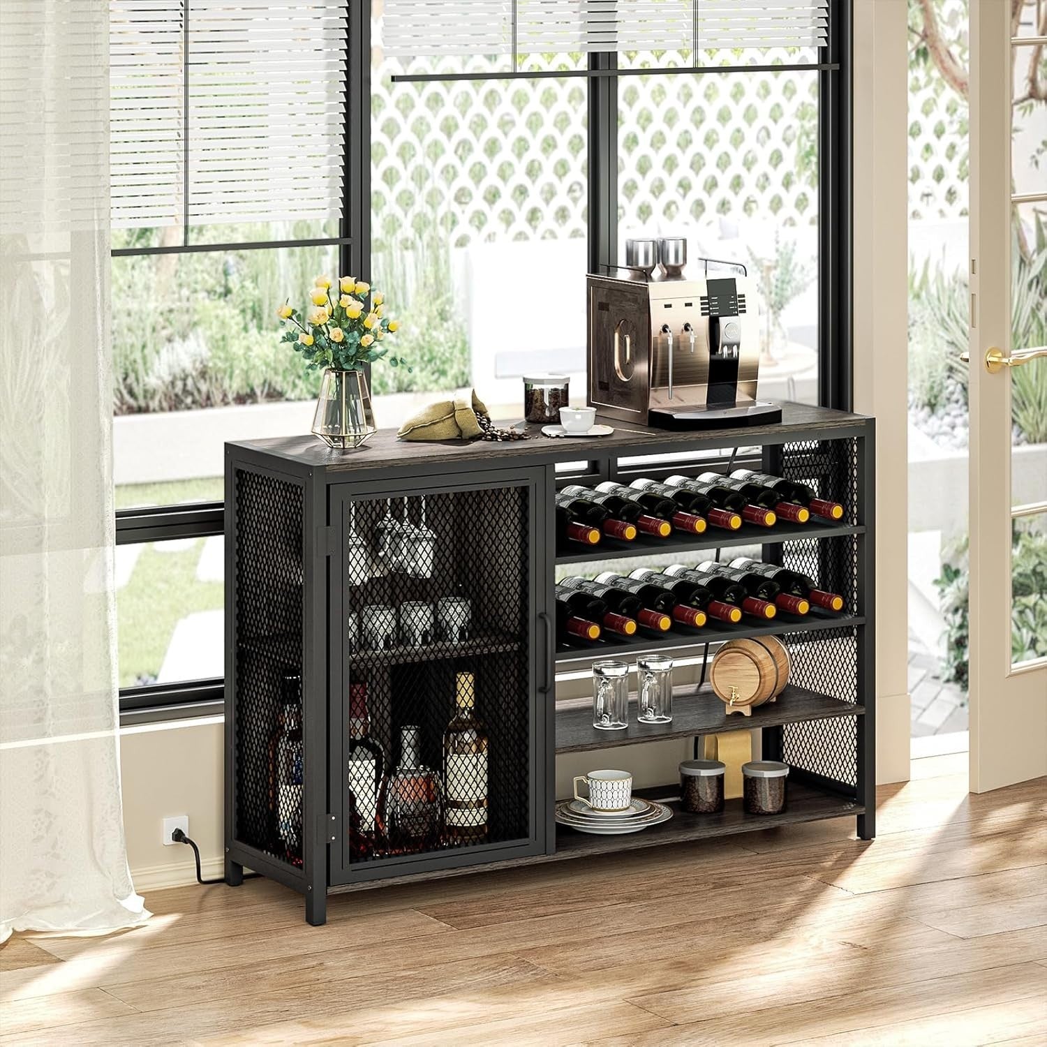 LED Home Bar Cabinet with Power Outlets, Wine Rack & Glass Holder