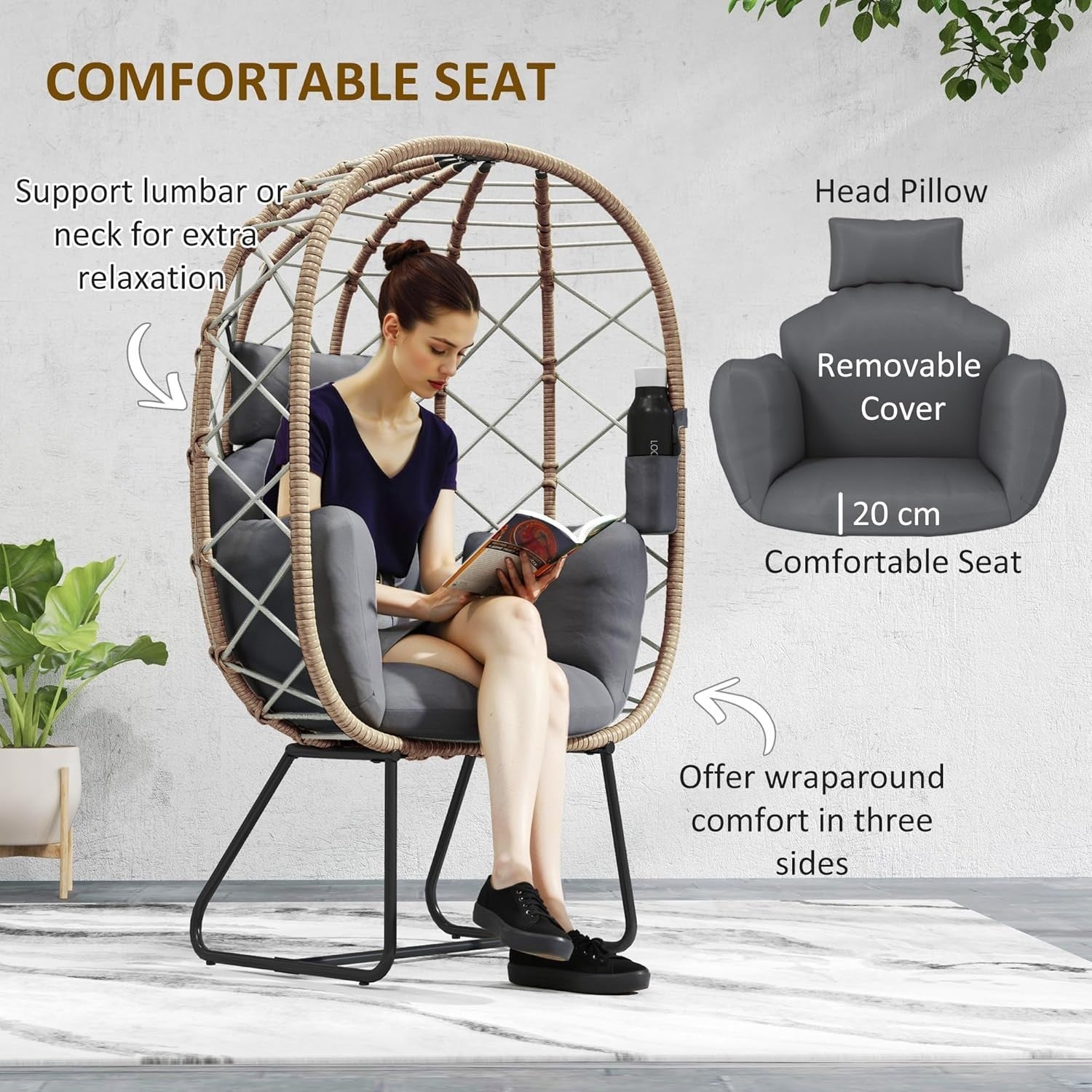 Rattan Egg Chair Outdoor Indoor Standing Wicker Lounge Chair with Cushion