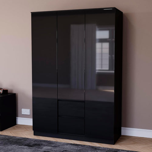 High Gloss Black 3 Door Wardrobe with 2 Drawers - Modern Bedroom Storage