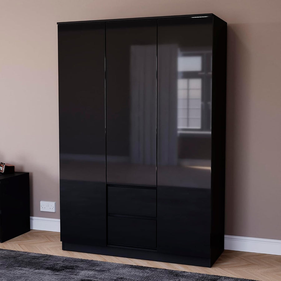High Gloss Black 3 Door Wardrobe with 2 Drawers - Modern Bedroom Storage