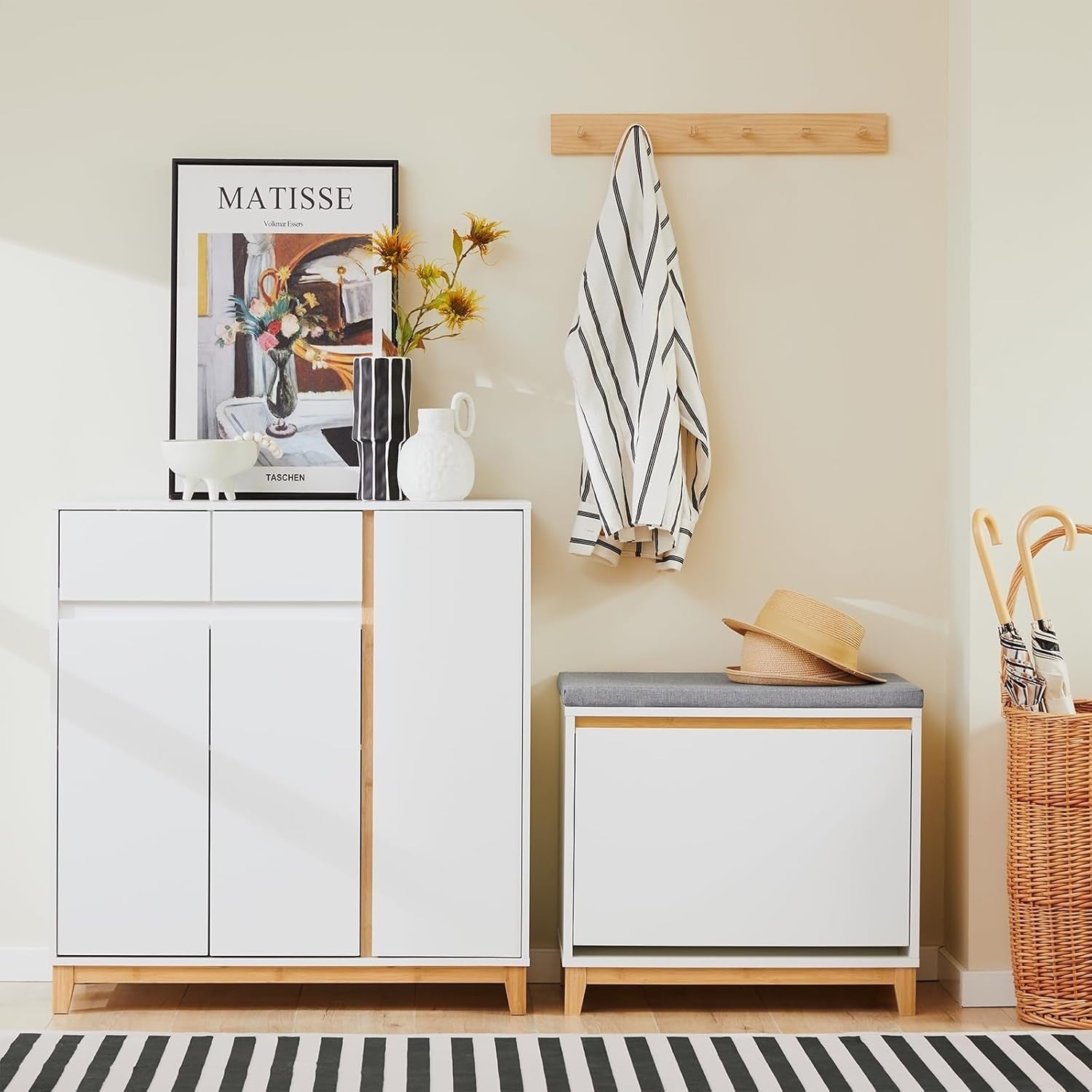 White Shoe Storage Bench with Cushion & Flip Drawer Hallway Cabinet 60x34x55cm