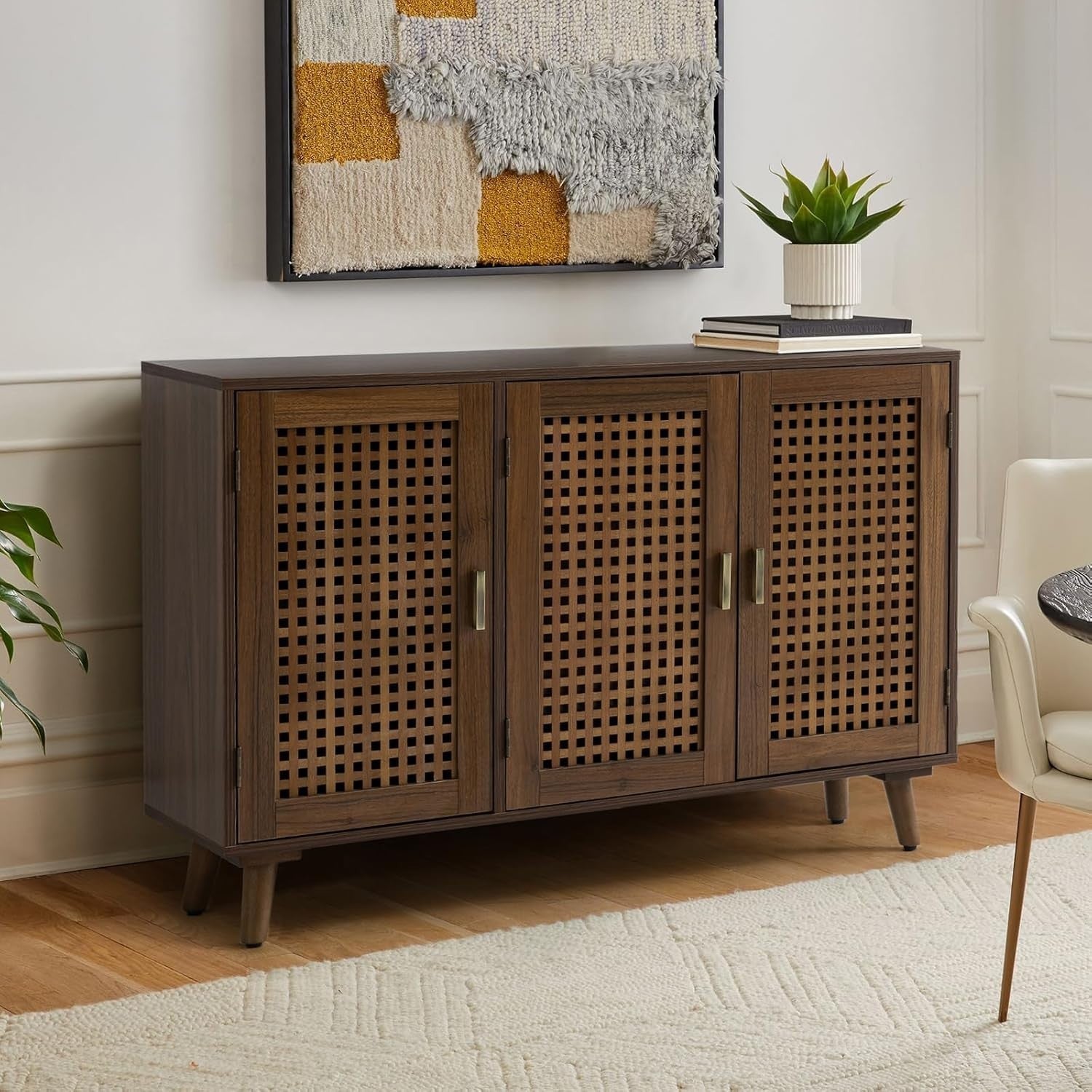 Modern Wood Sideboard Cabinet 3 Door Storage Buffet with Lattice Design