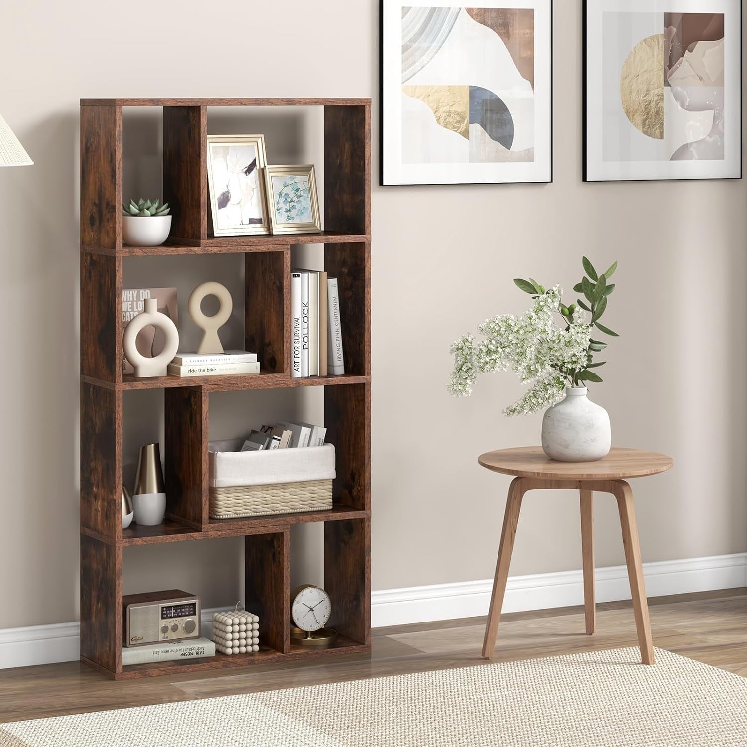 5-Tier Geometric Bookcase Rustic Brown Tall Cube Storage Shelf for Home Office
