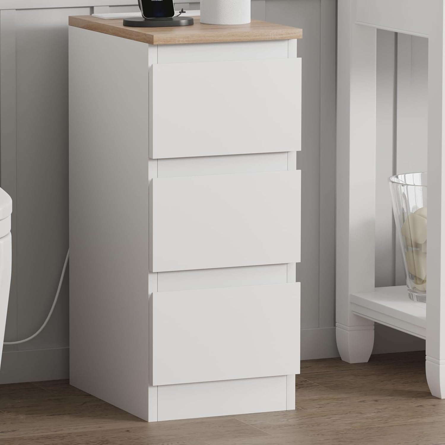 Set of 2 Slim Bedside Tables with Charging Station, 3 Drawers & USB Ports
