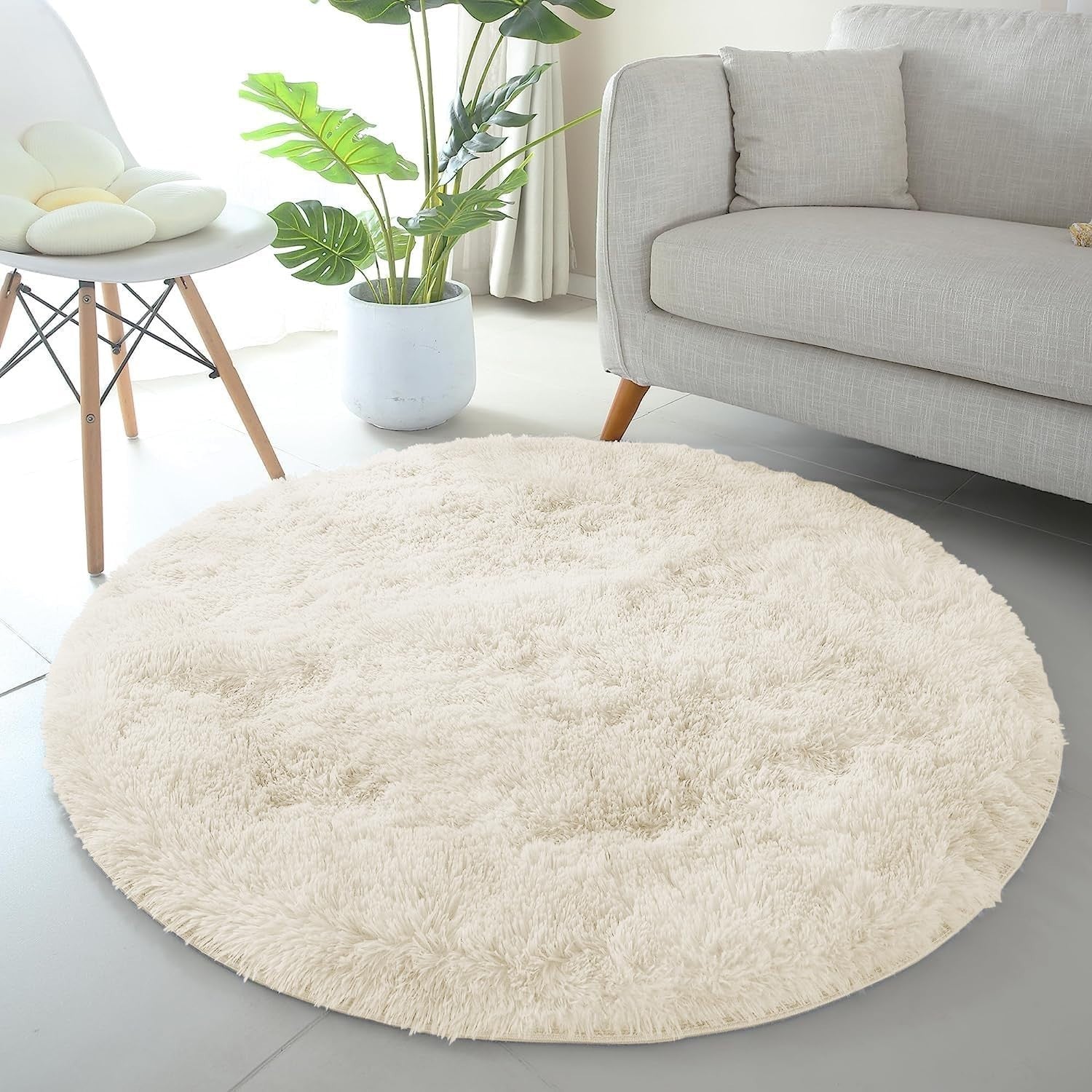 Round Shaggy Rugs Set 2pcs 120x120cm Cream Super Soft Non Slip Thick Pile