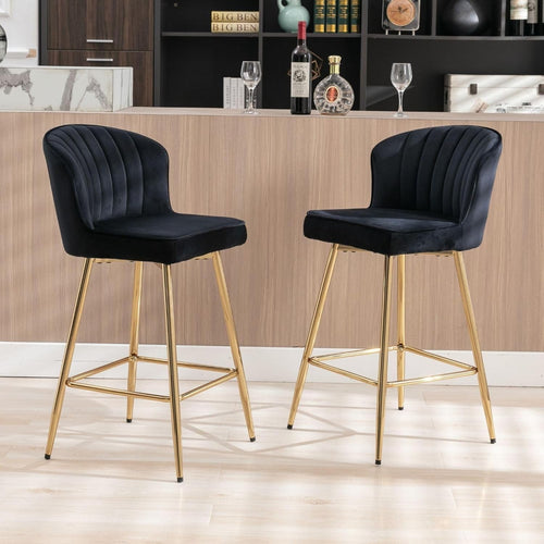 Set of 2 Black Velvet Bar Stools with Gold Metal Legs – Adjustable Counter Chair