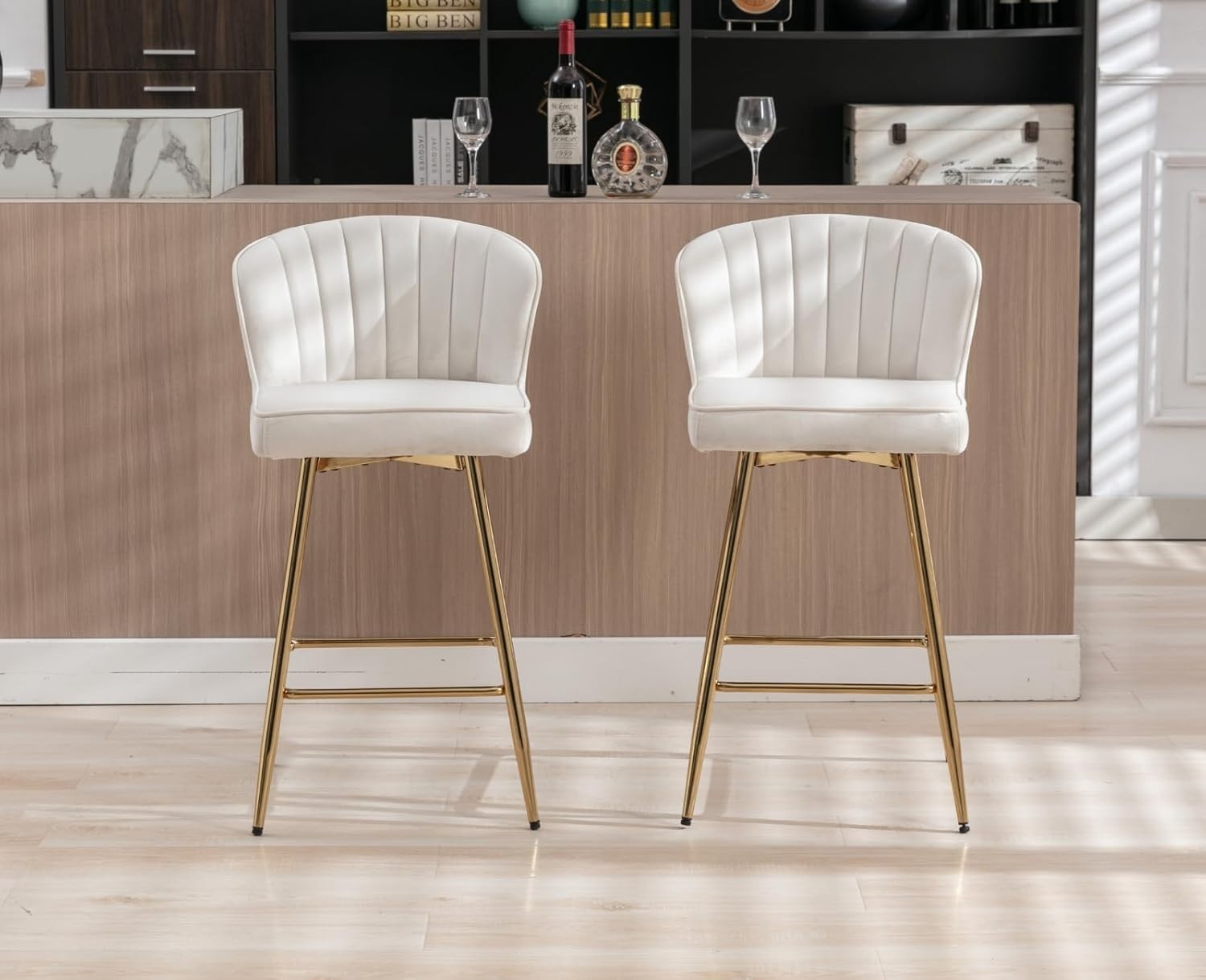 Set of 2 Beige Velvet Bar Stools with Gold Metal Legs Adjustable Counter Chairs