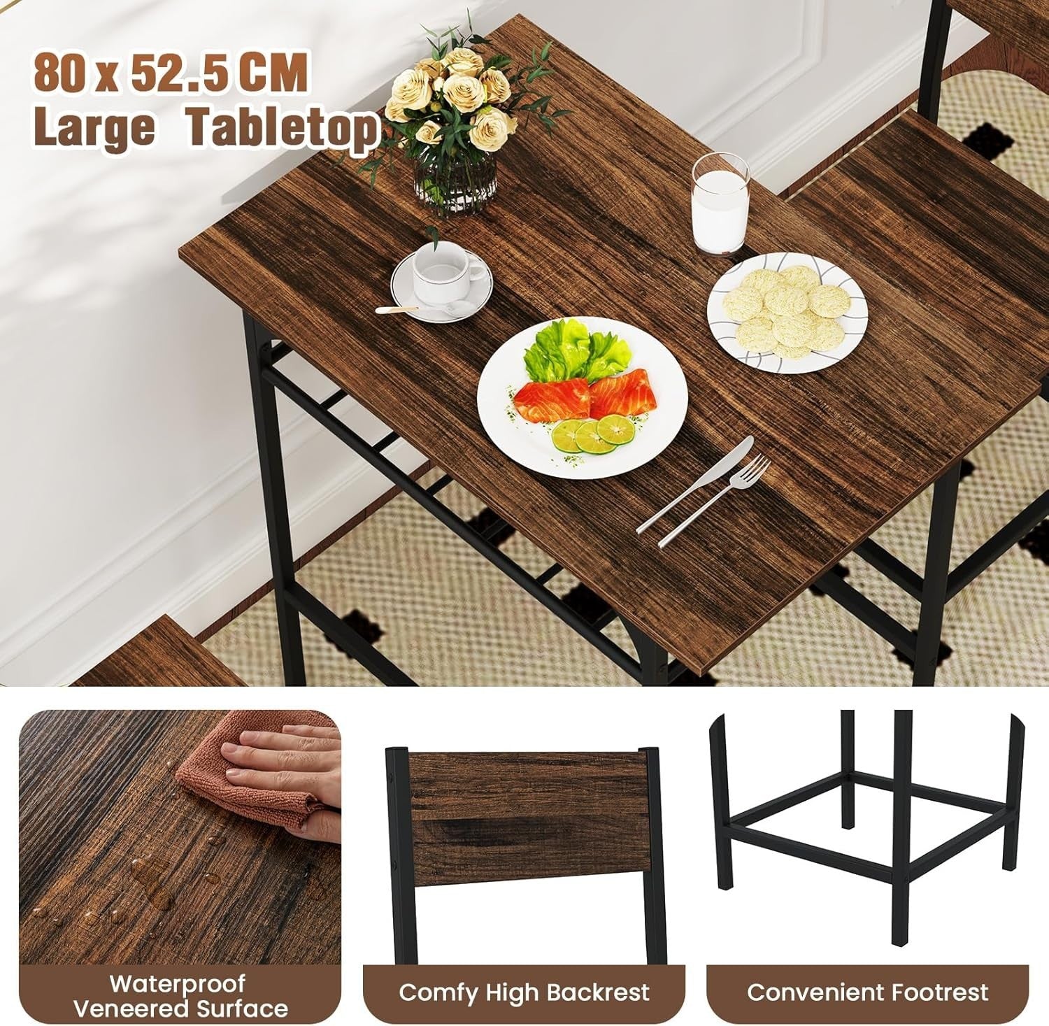 3-Piece Rustic Brown Bar Table Set with 2 Stools & Storage Rack Dining Furniture