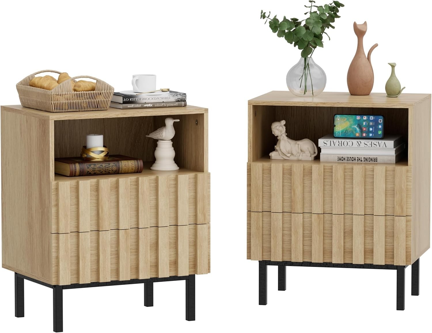 Set of 2 Modern Wood Bedside Tables with Drawers | Ivory White Nightstands