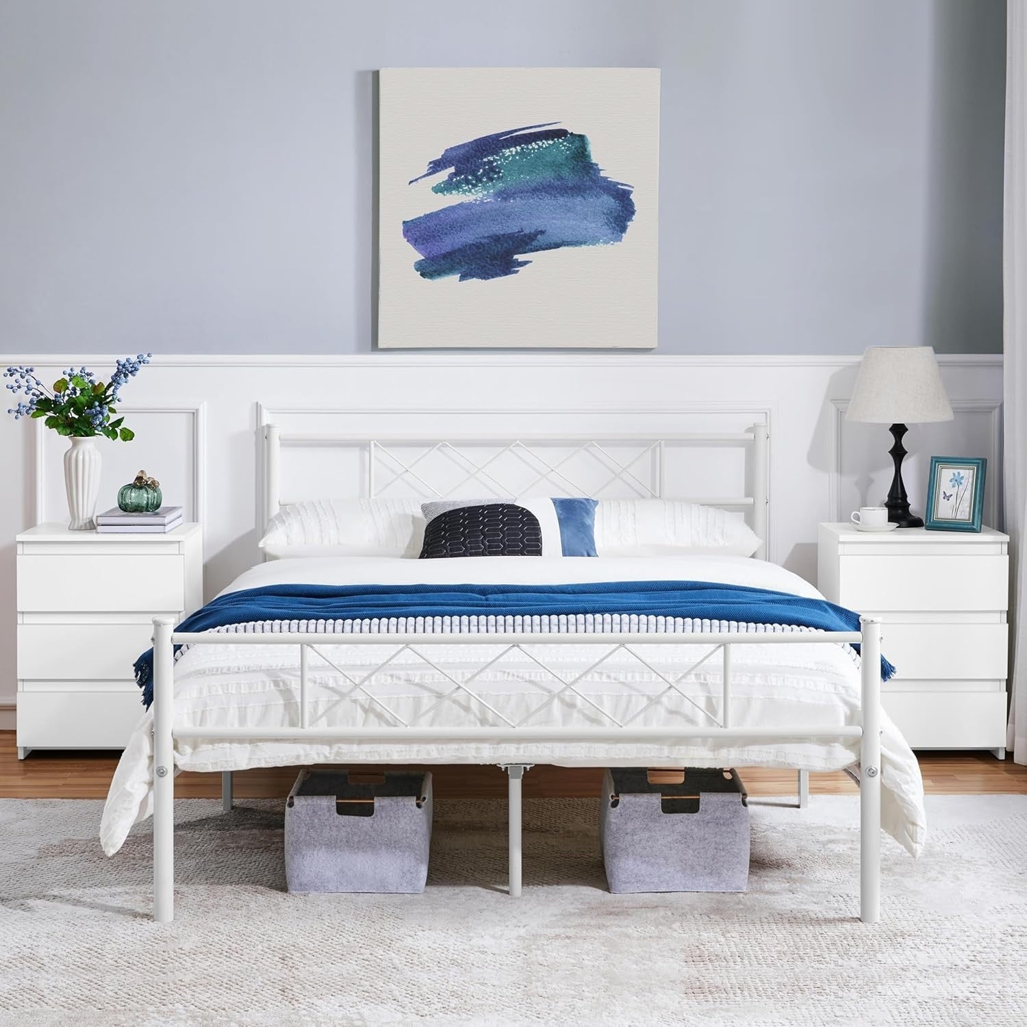 Set of 2 White Bedside Tables with Drawers Modern Wooden Nightstands Bedroom