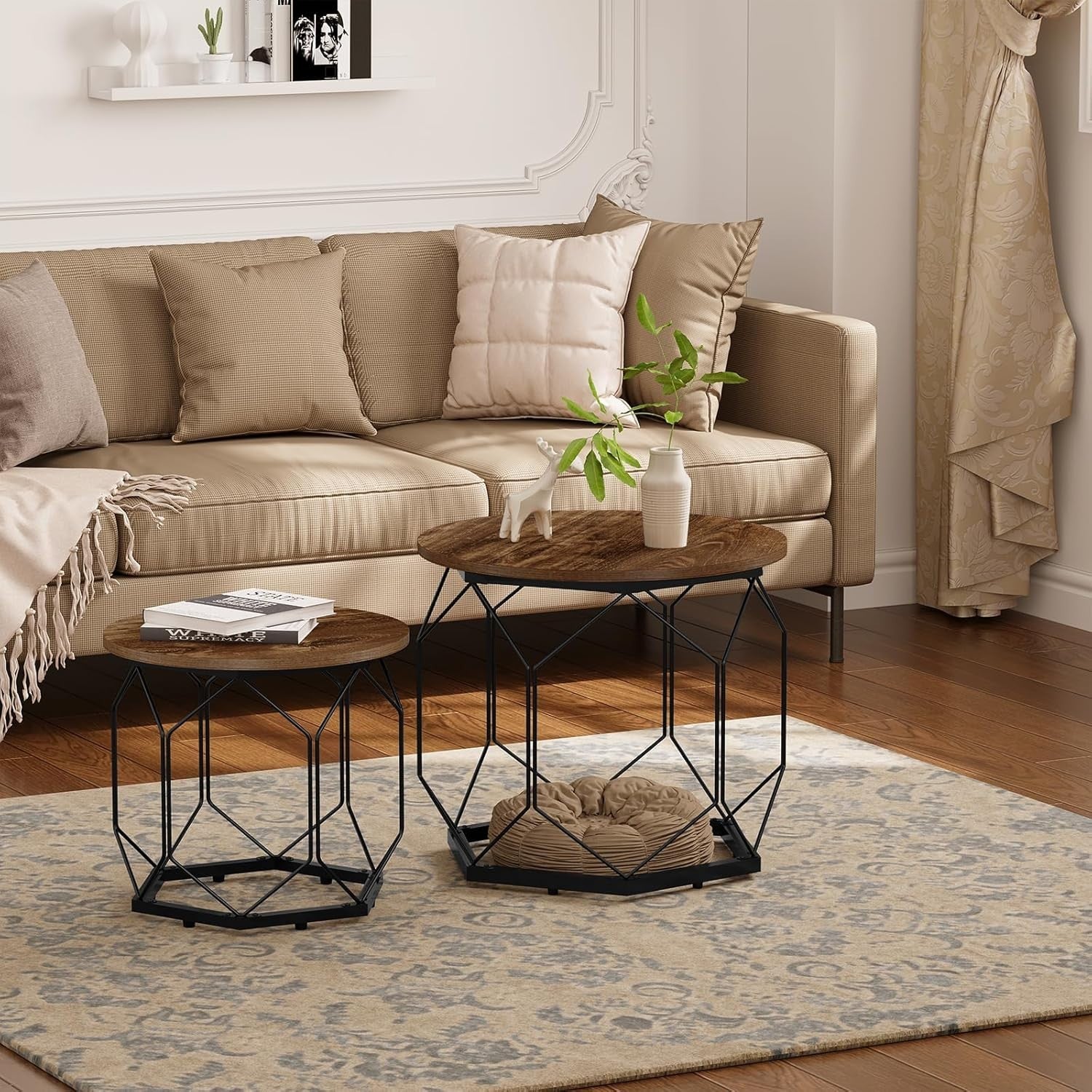 Set of 2 Round Coffee Tables with Storage Shelves, Sturdy Metal Frame