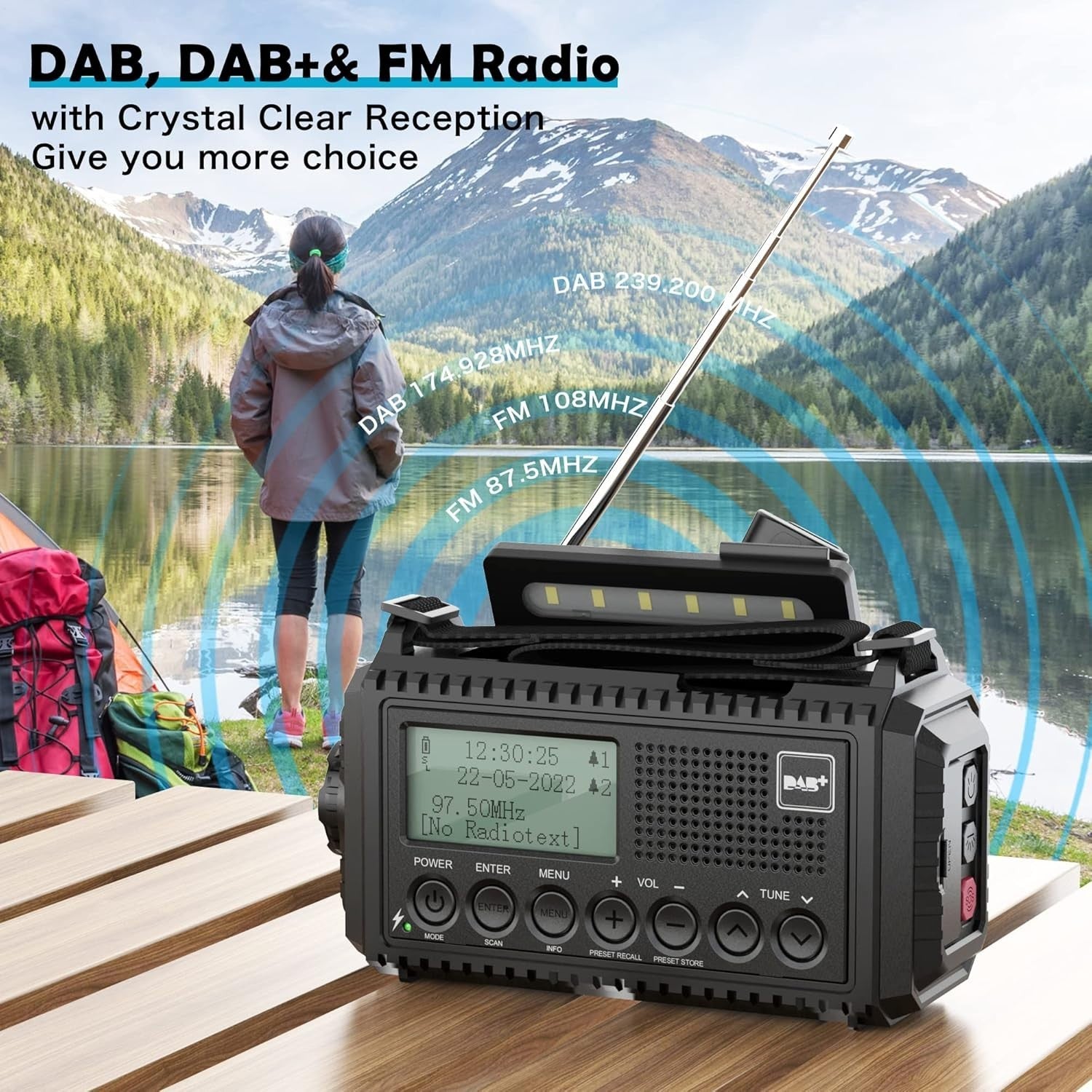 DAB+ Emergency Wind Up Radio Solar 5000mAh USB Charger SOS