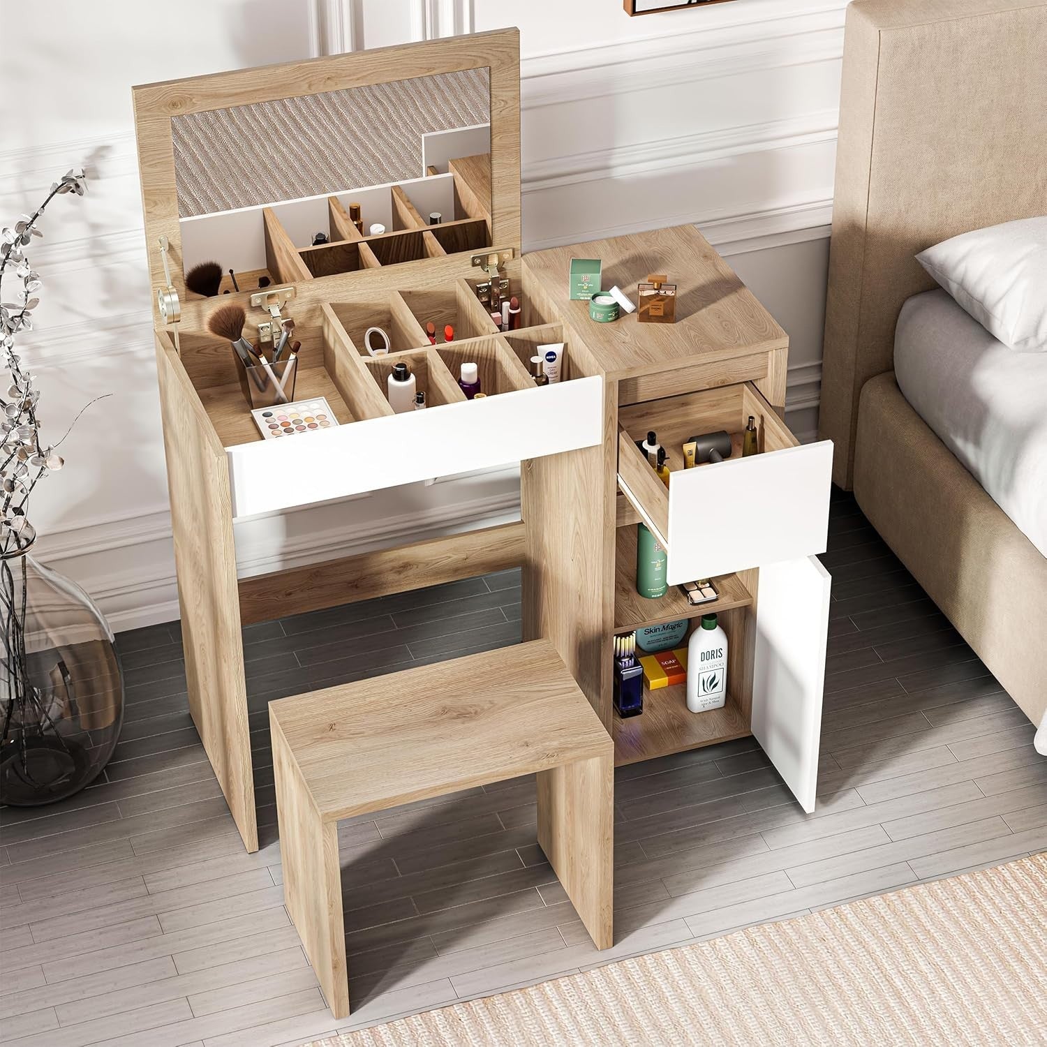 Makeup Vanity Desk with Flip-Up Mirror Storage Drawer Stool Oak/White