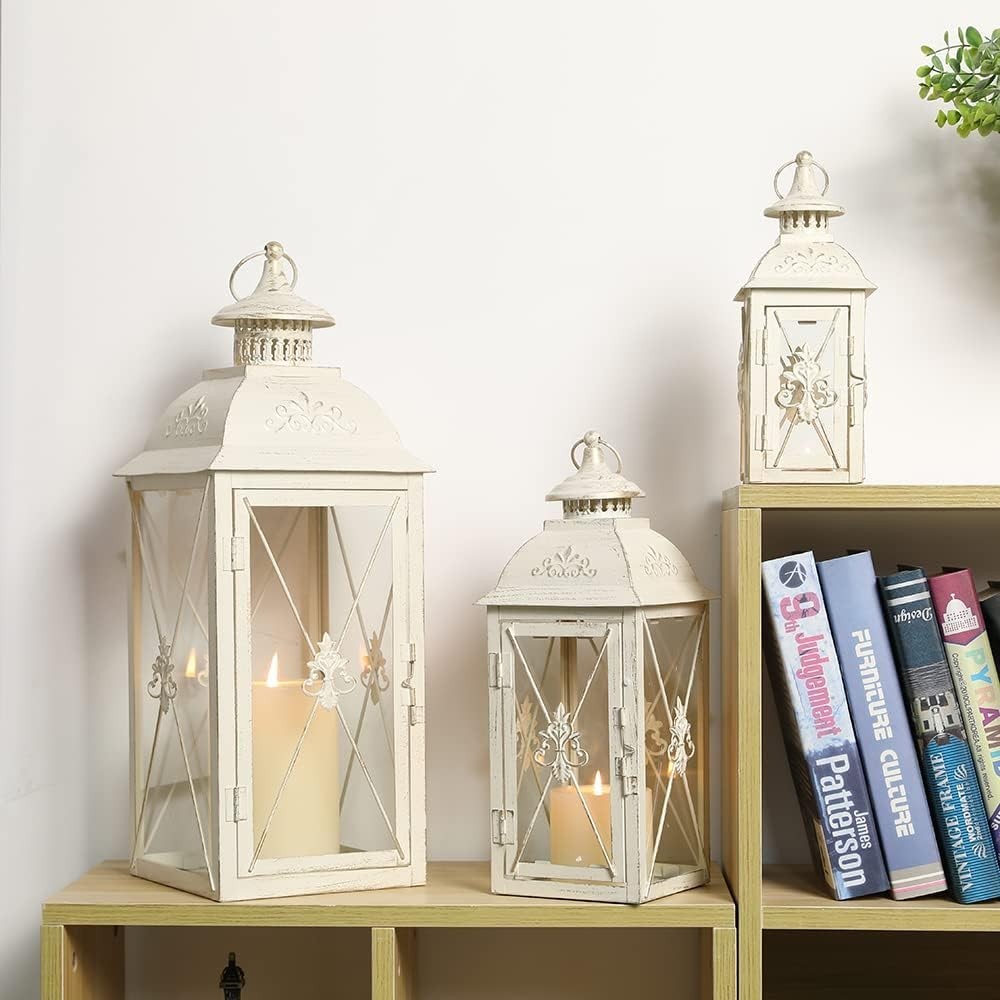 White Gold Lantern Set of 3 Decorative Metal Candleholders