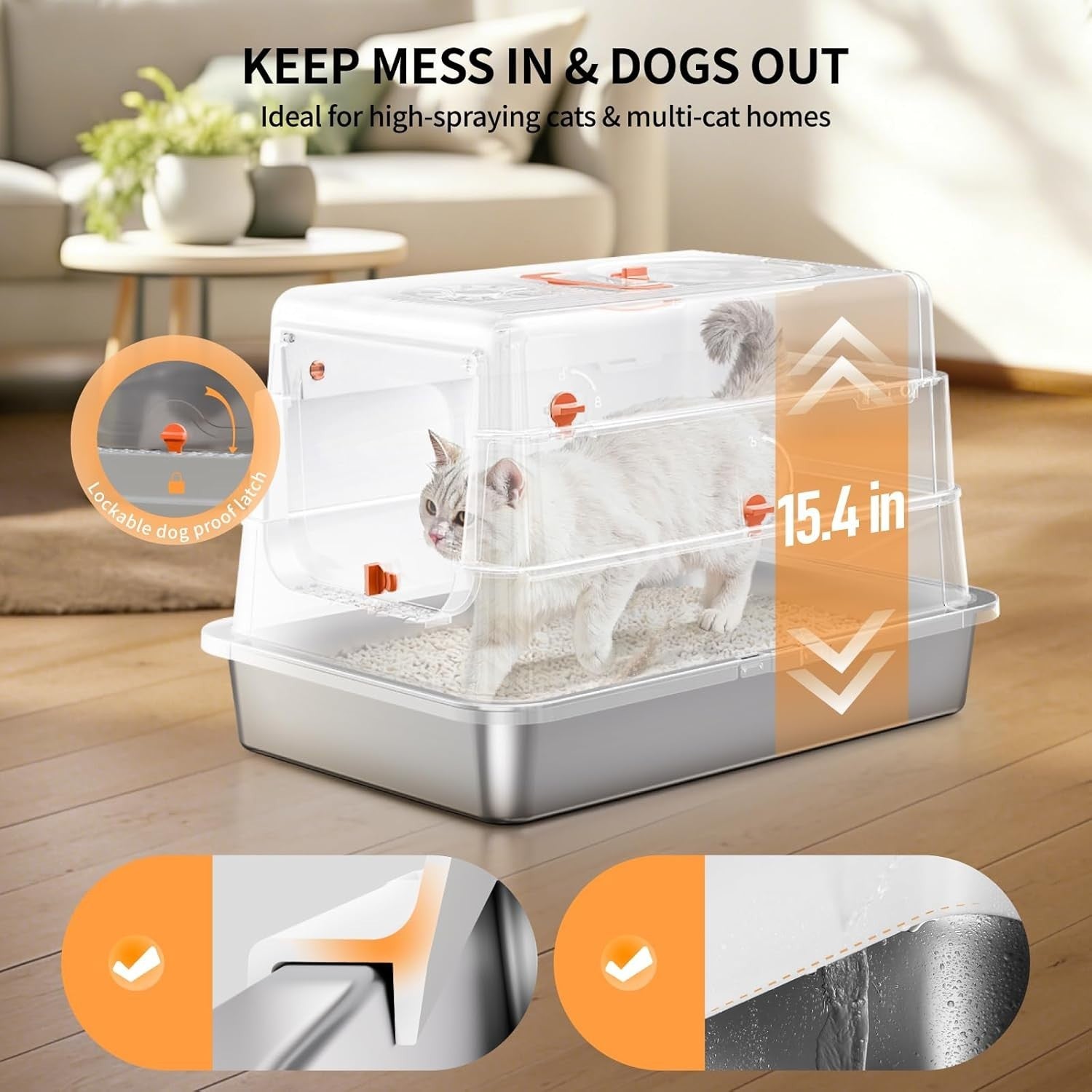XL Stainless Steel Cat Litter Box Covered Leak Proof Odor Control White