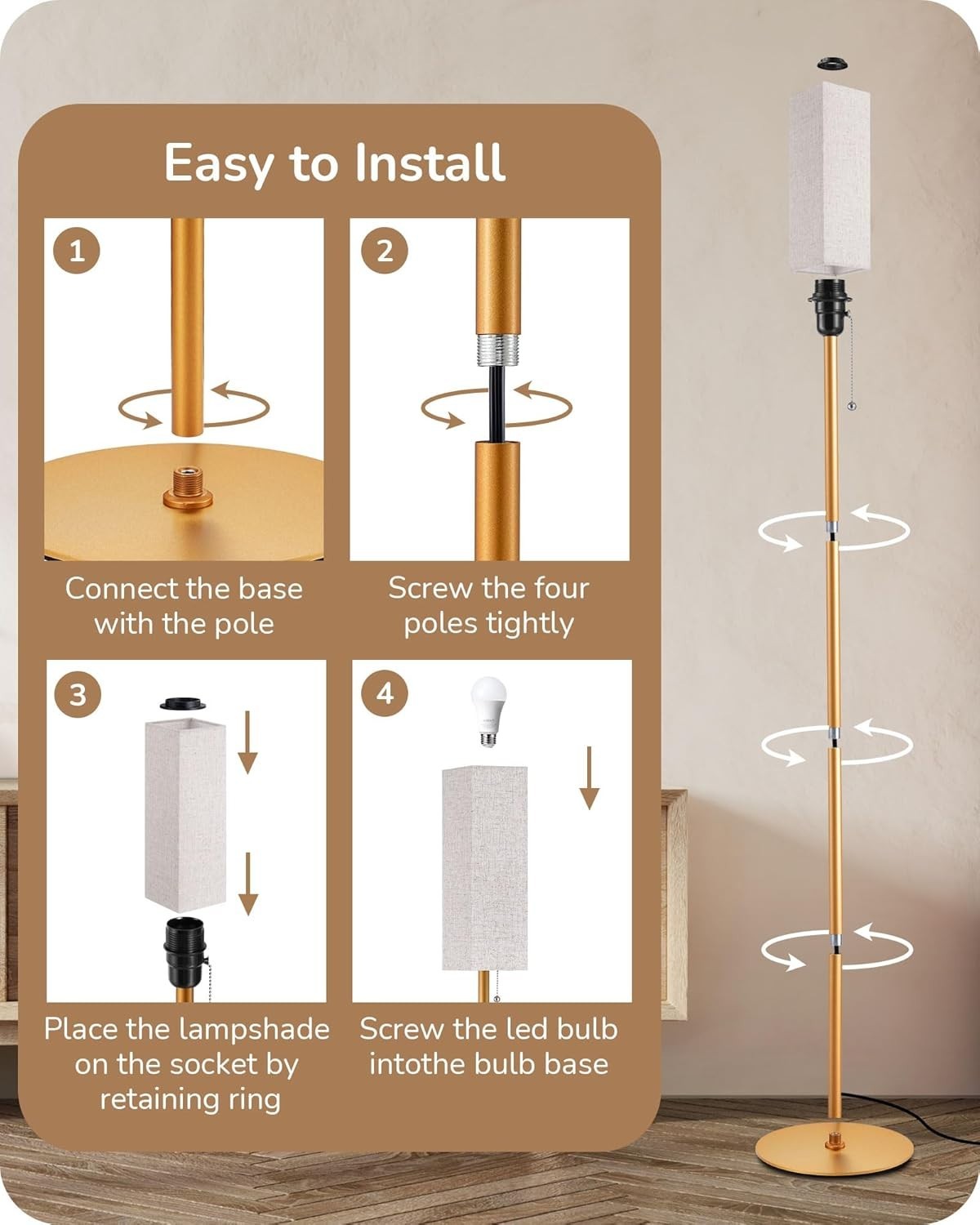 Gold LED Floor Lamp Dimmable Remote Control Standing Light Linen Shade