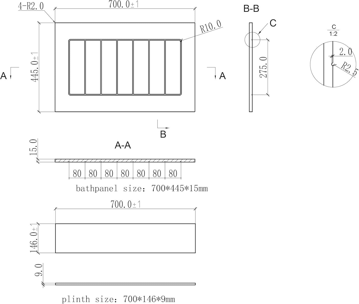 700mm Grey Gloss MDF End Bath Panel Tongue & Groove with Adjustable Plinth