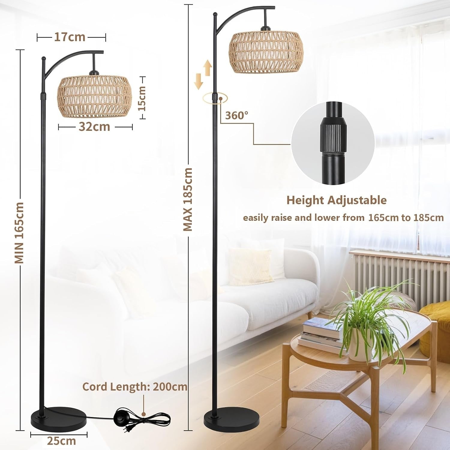Arc Floor Lamp Dimmable Remote Rattan Shade Tall Standing Reading Light